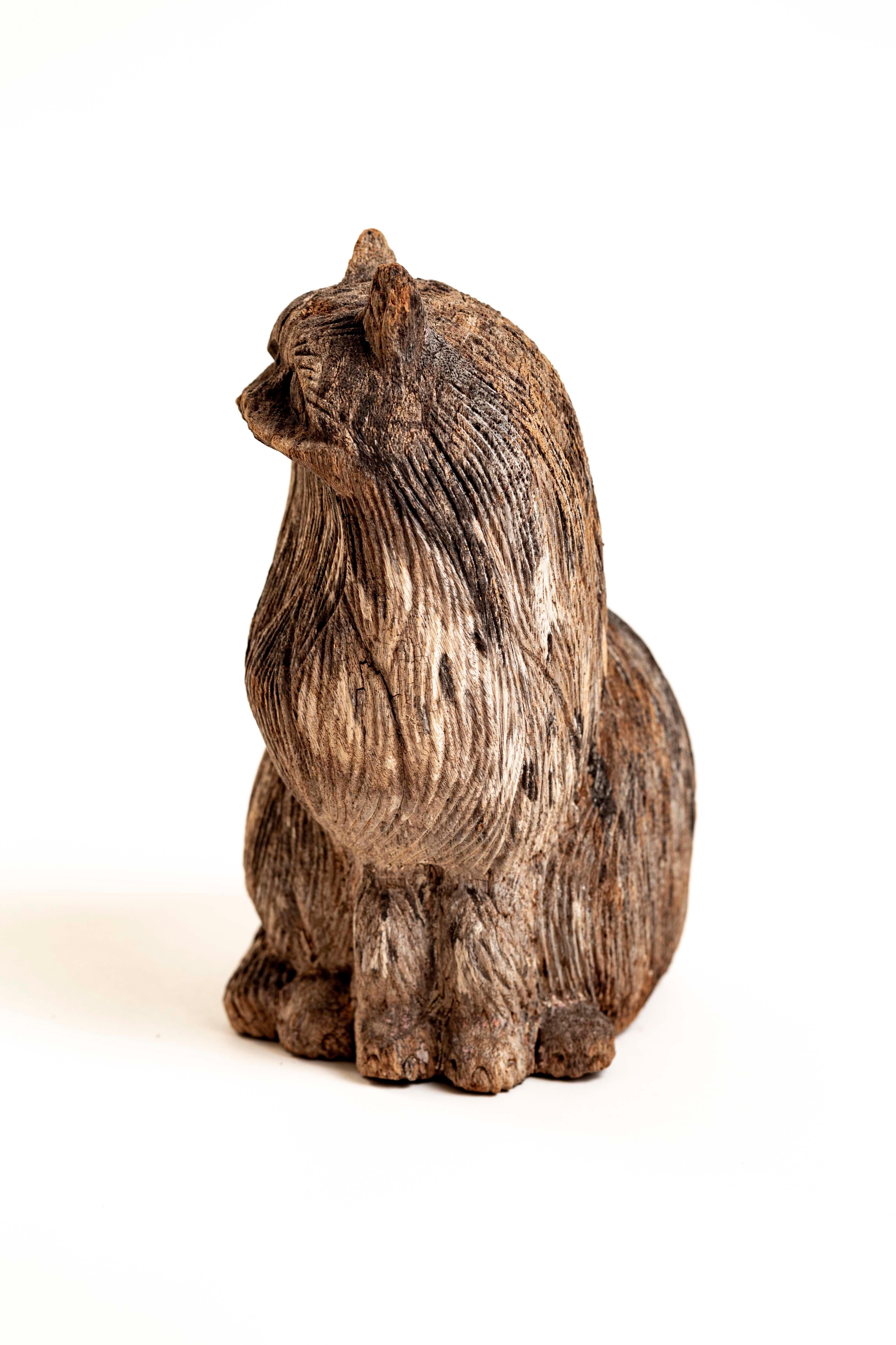 Hand Carved Wooden Folk Art Persian Cat with Natural Weathered Patina 1