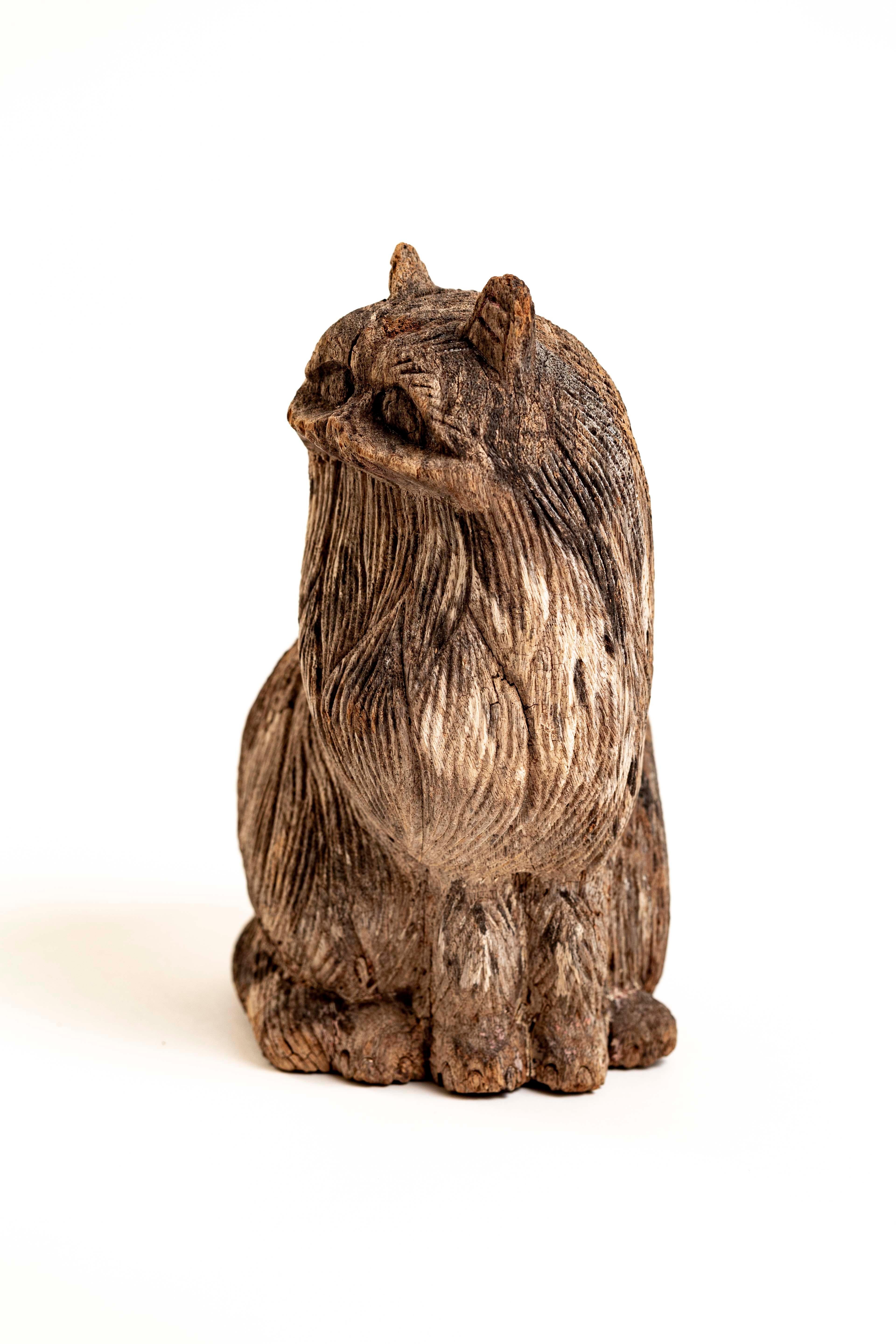 Hand Carved Wooden Folk Art Persian Cat with Natural Weathered Patina 2