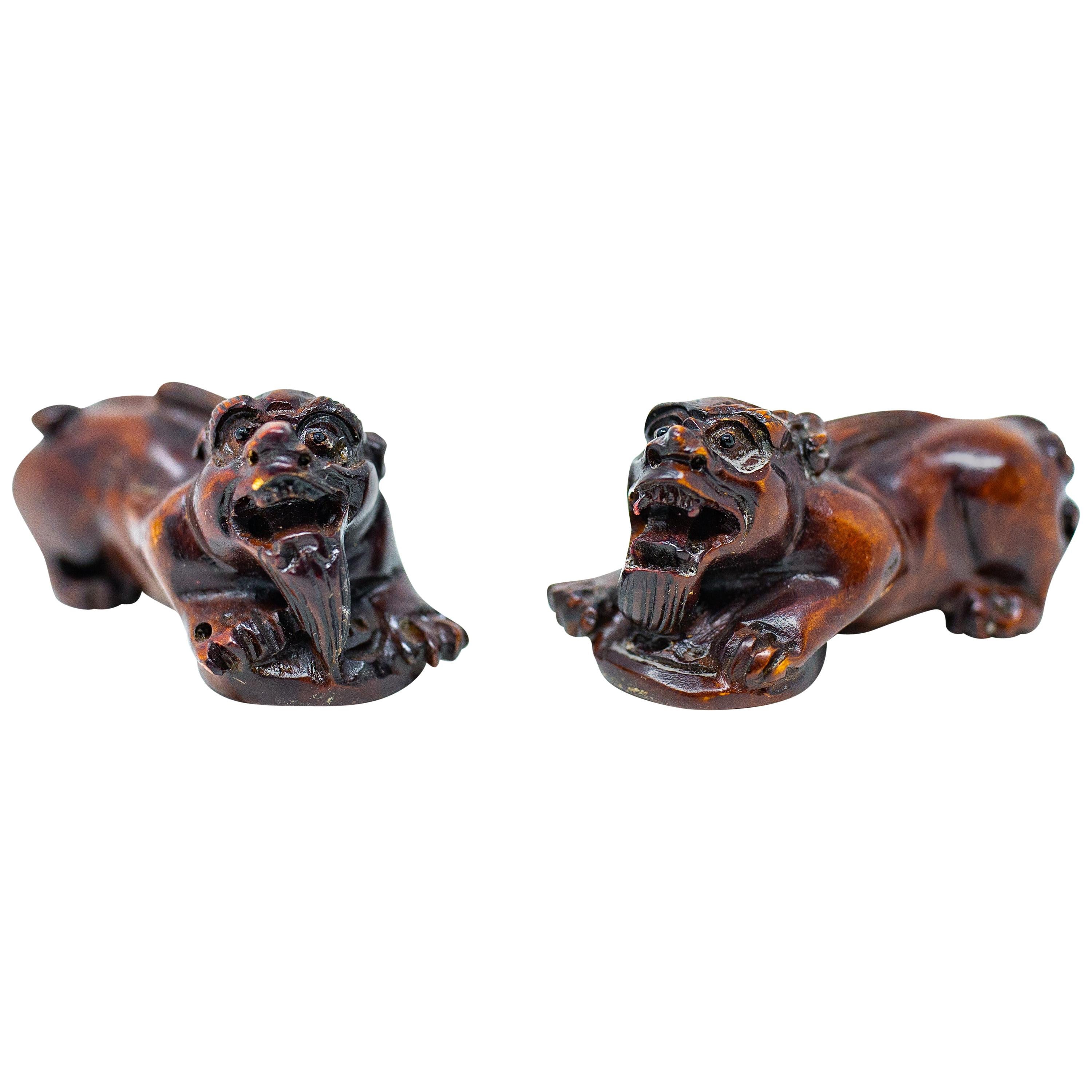 Hand Carved Wooden Foo Dogs For Sale