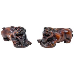 Hand Carved Wooden Foo Dogs