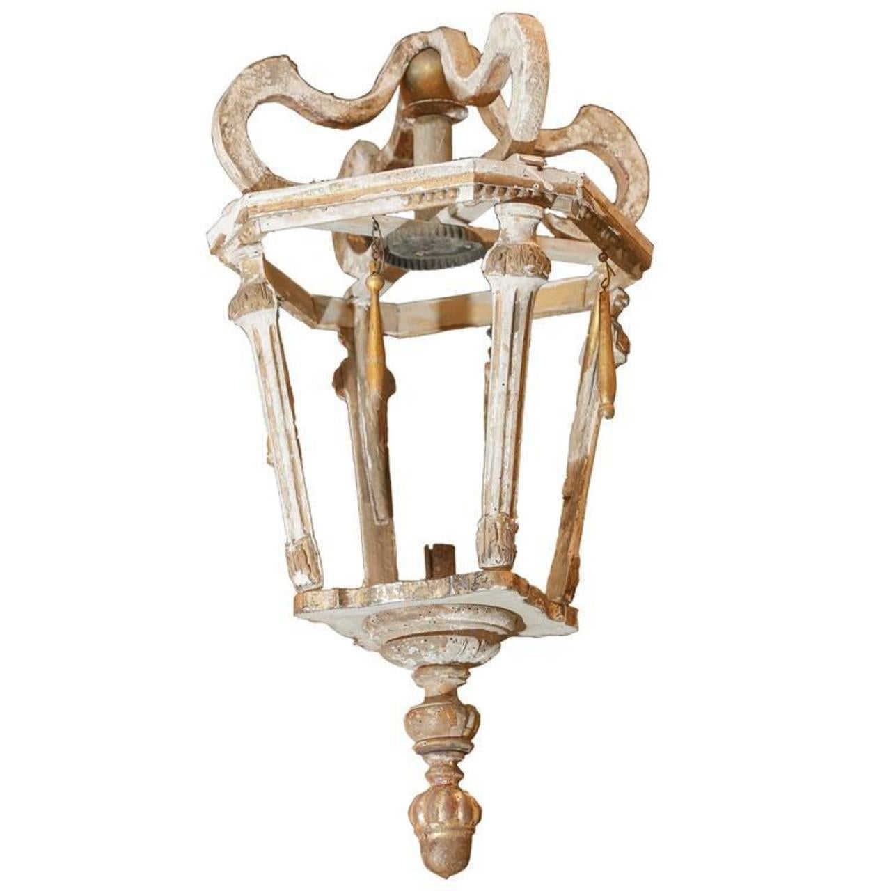 Hand Carved Wooden French Lantern In Fair Condition For Sale In Houston, TX