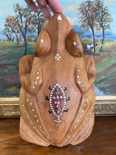 Hand-Carved Wooden Frog Wall Plaque with Inlay and Tribal Motif Design