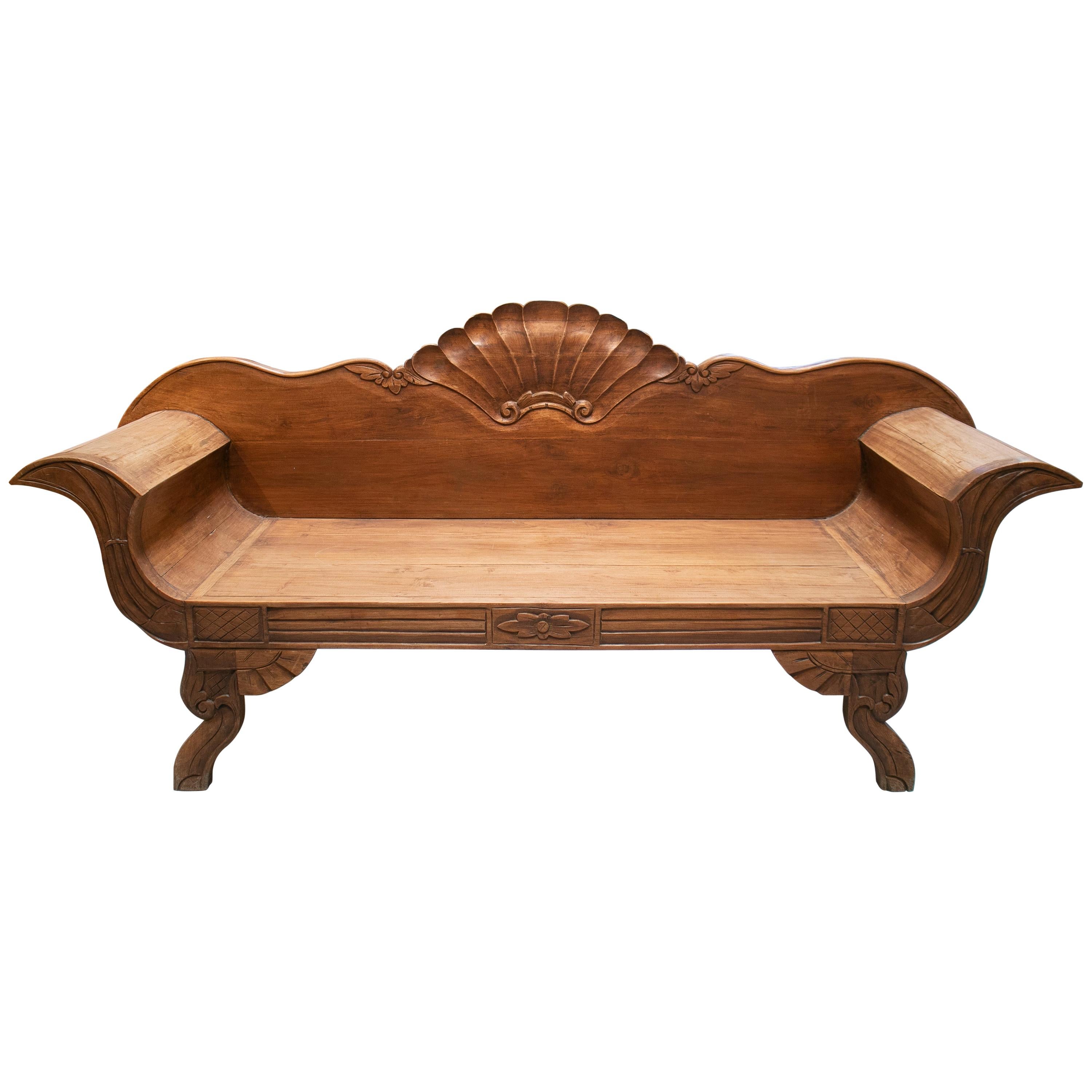 Hand Carved Wooden Garden Bench w/ Conch Crown Decorations and Armrests