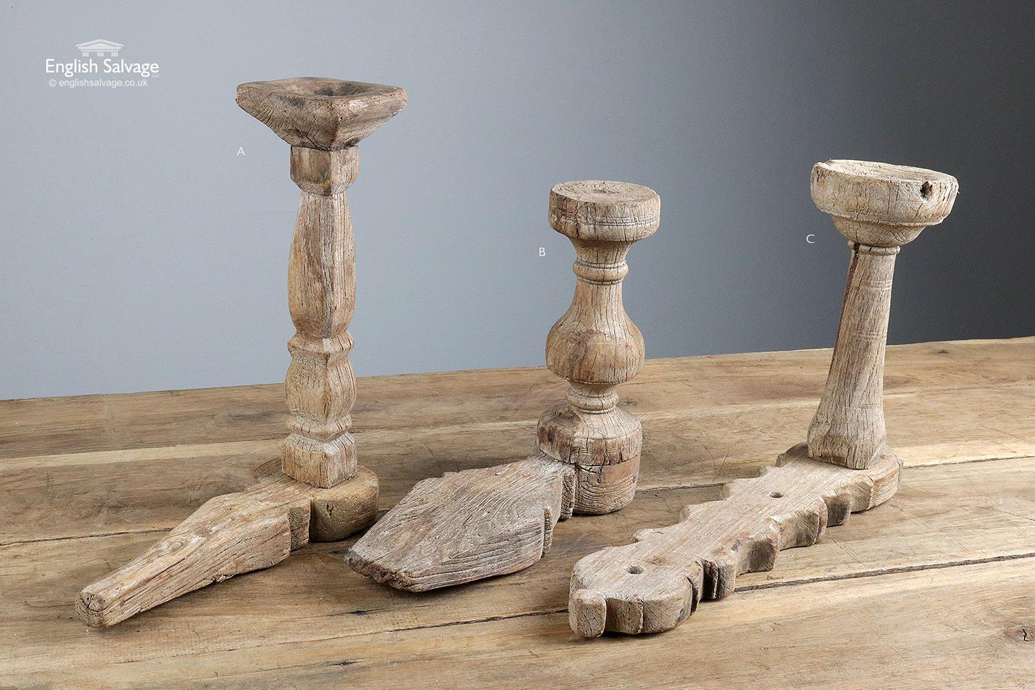 Reclaimed hand carved hardwood candleholders from India. All will display some naturally occurring splits and marks to the wood due to use. Marked A-I in photos, approximate maximum measurements in cm (width x height x projection) as follows
A