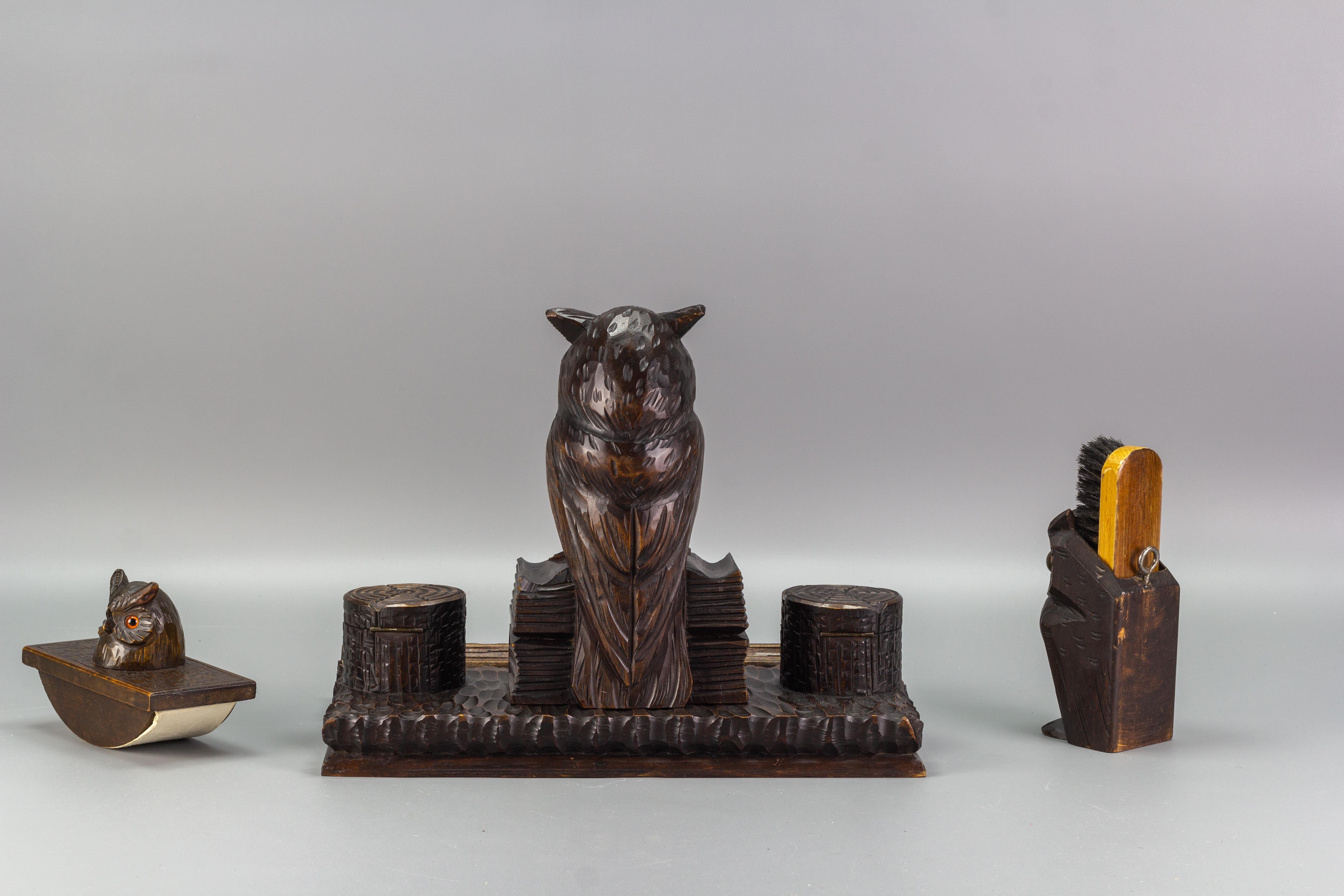 Metal Hand-Carved Wooden Inkwell Desk Set with Owl Figures, 1930s For Sale