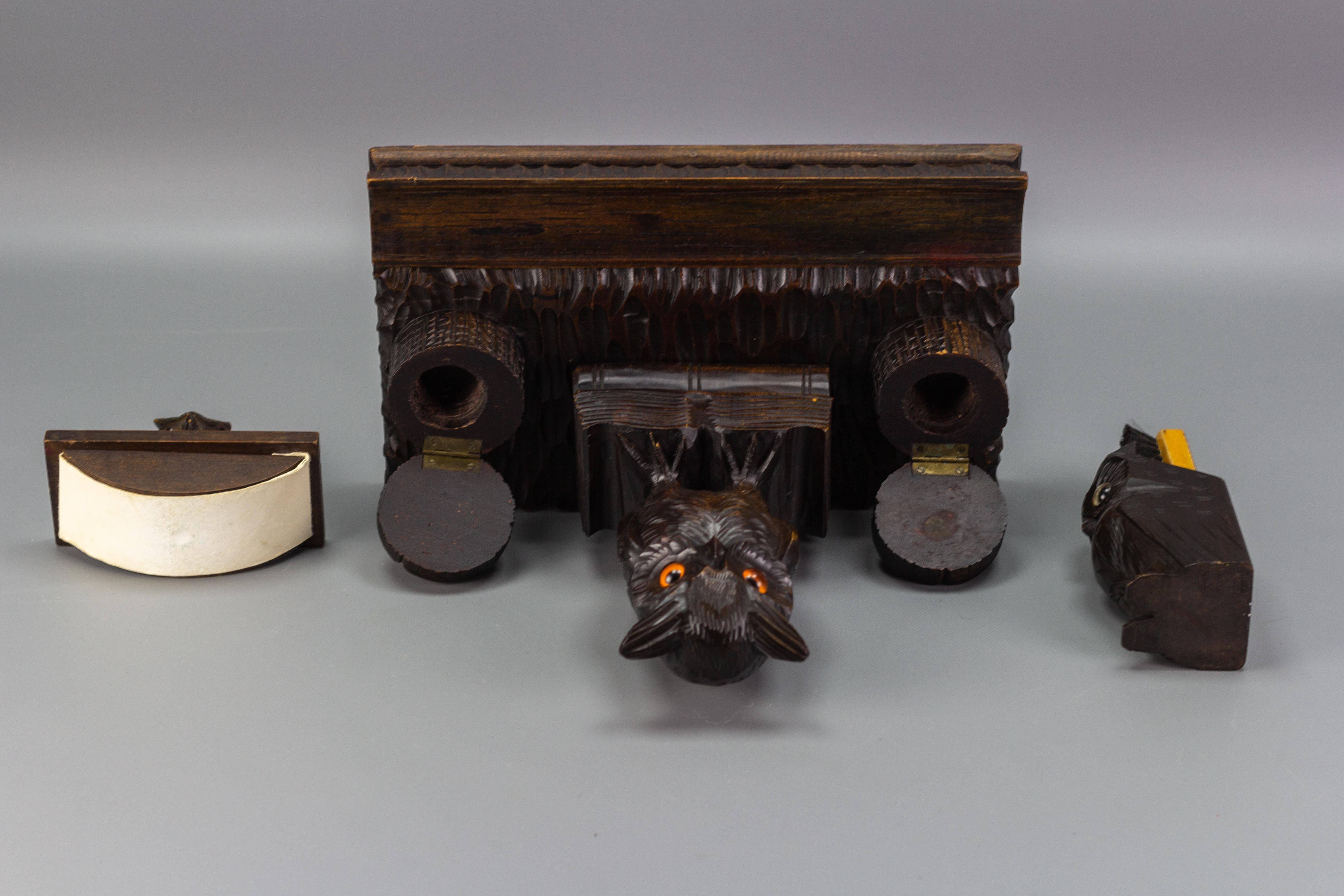 Hand-Carved Wooden Inkwell Desk Set with Owl Figures, 1930s For Sale 7