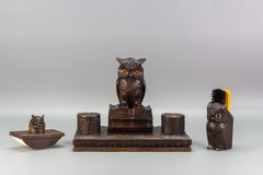 Hand-Carved Wooden Inkwell Desk Set with Owl Figures, 1930s