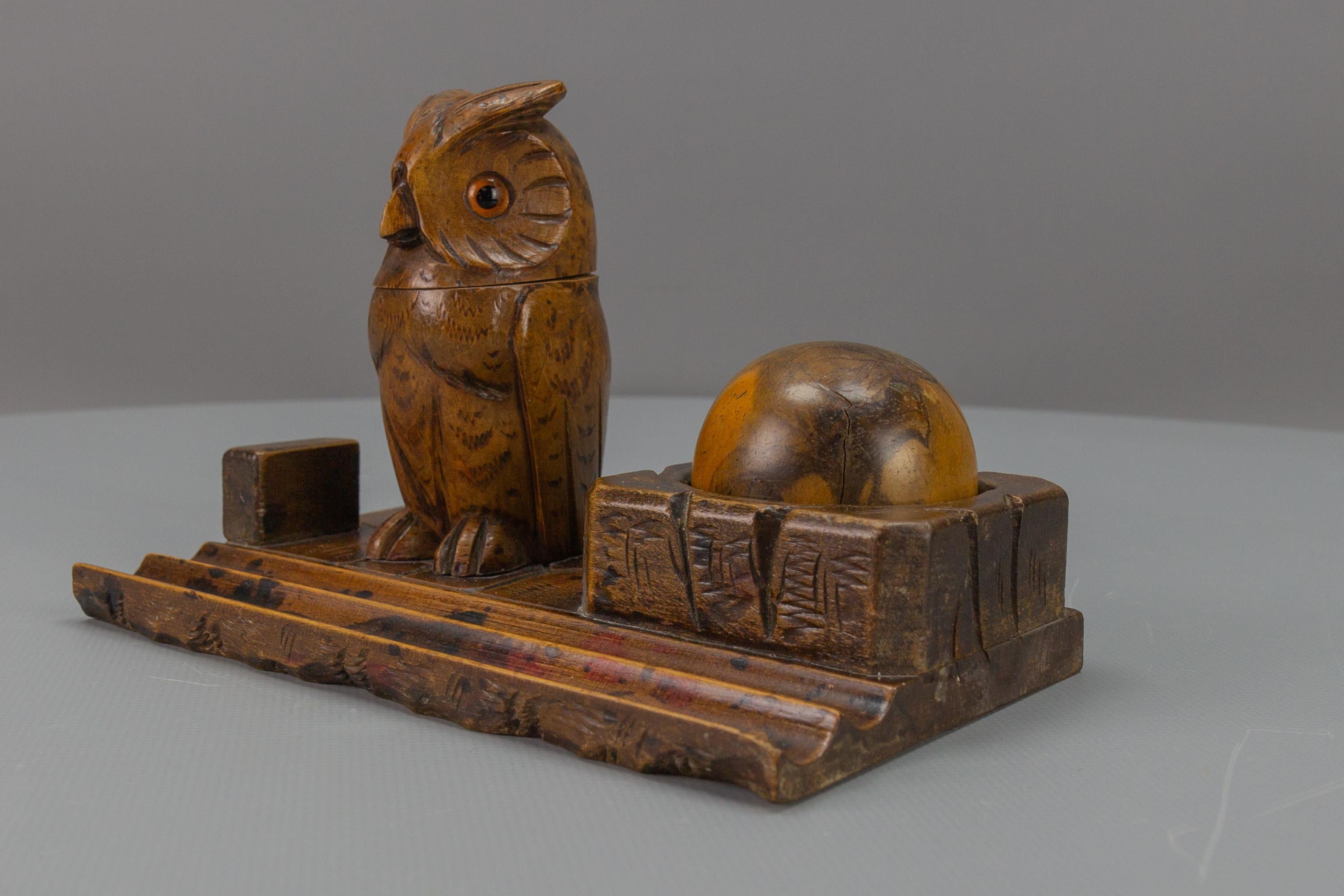 Metal Hand-Carved Wooden Inkwell or Pen Stand with Owl Figure, 1920s For Sale