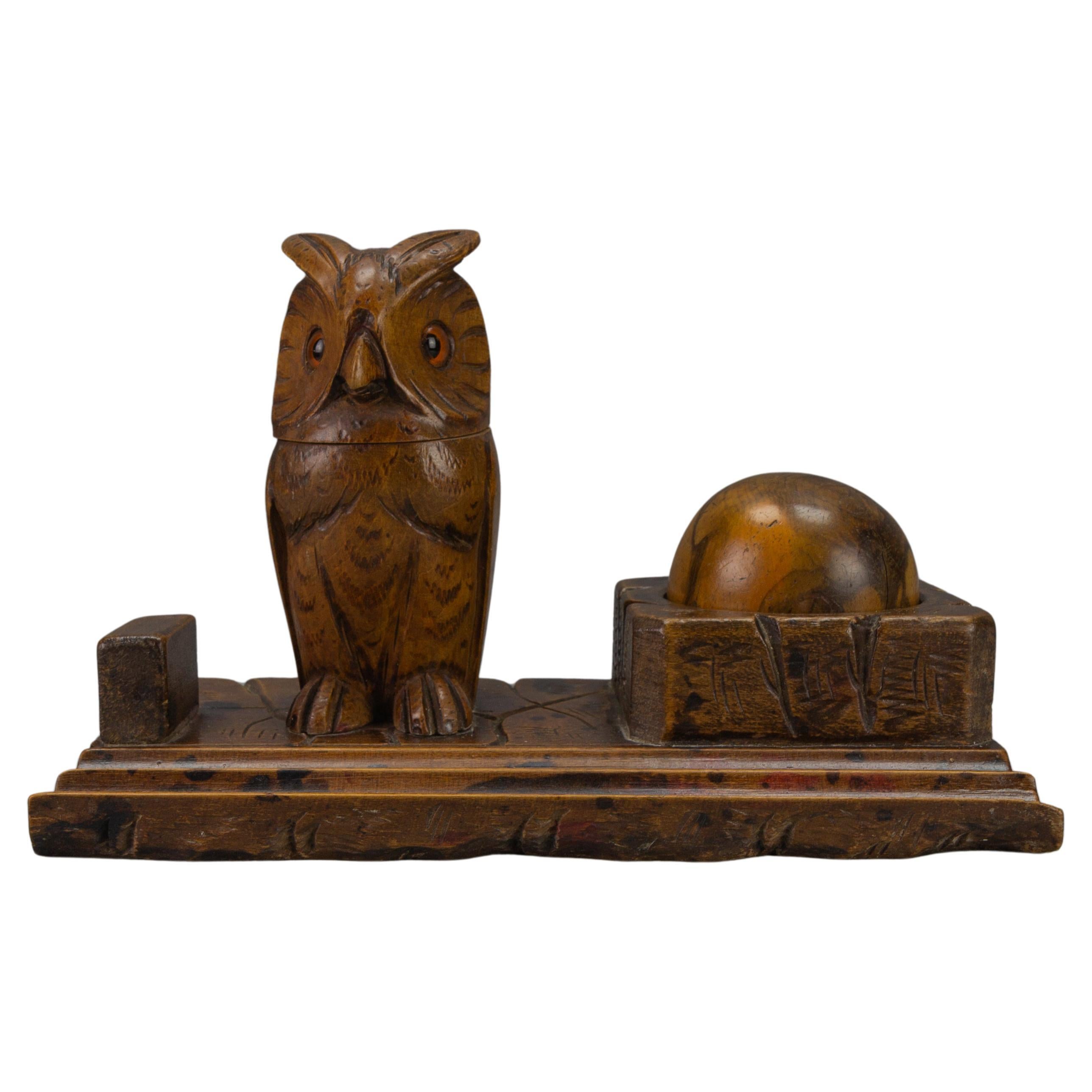 Hand-Carved Wooden Inkwell or Pen Stand with Owl Figure, 1920s