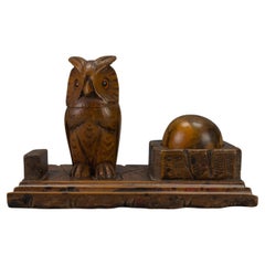 Vintage Hand-Carved Wooden Inkwell or Pen Stand with Owl Figure, 1920s
