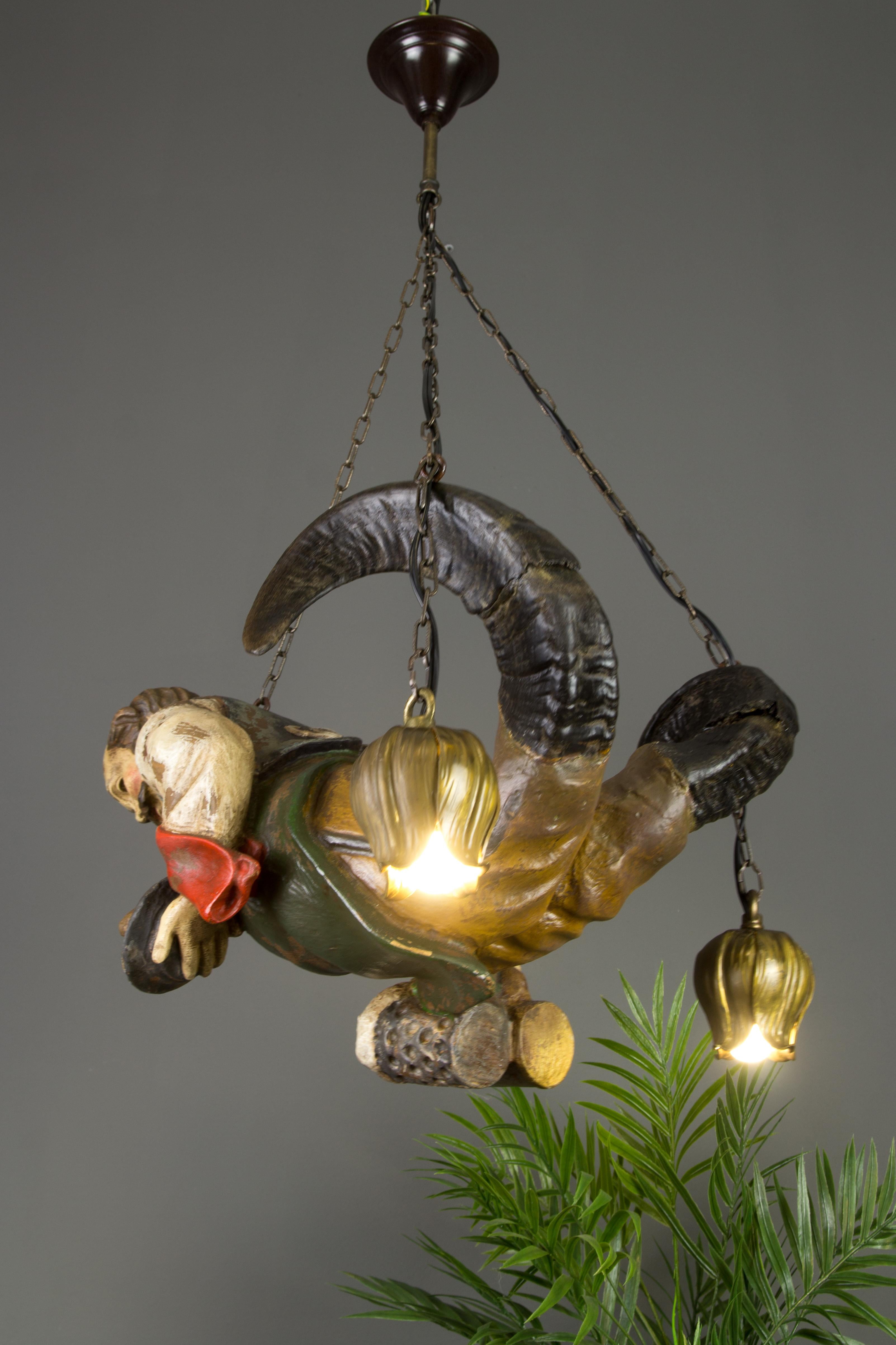 German Hand Carved Wooden Lüstermännchen or Lustermandl Two-Light Pendant Chandelier