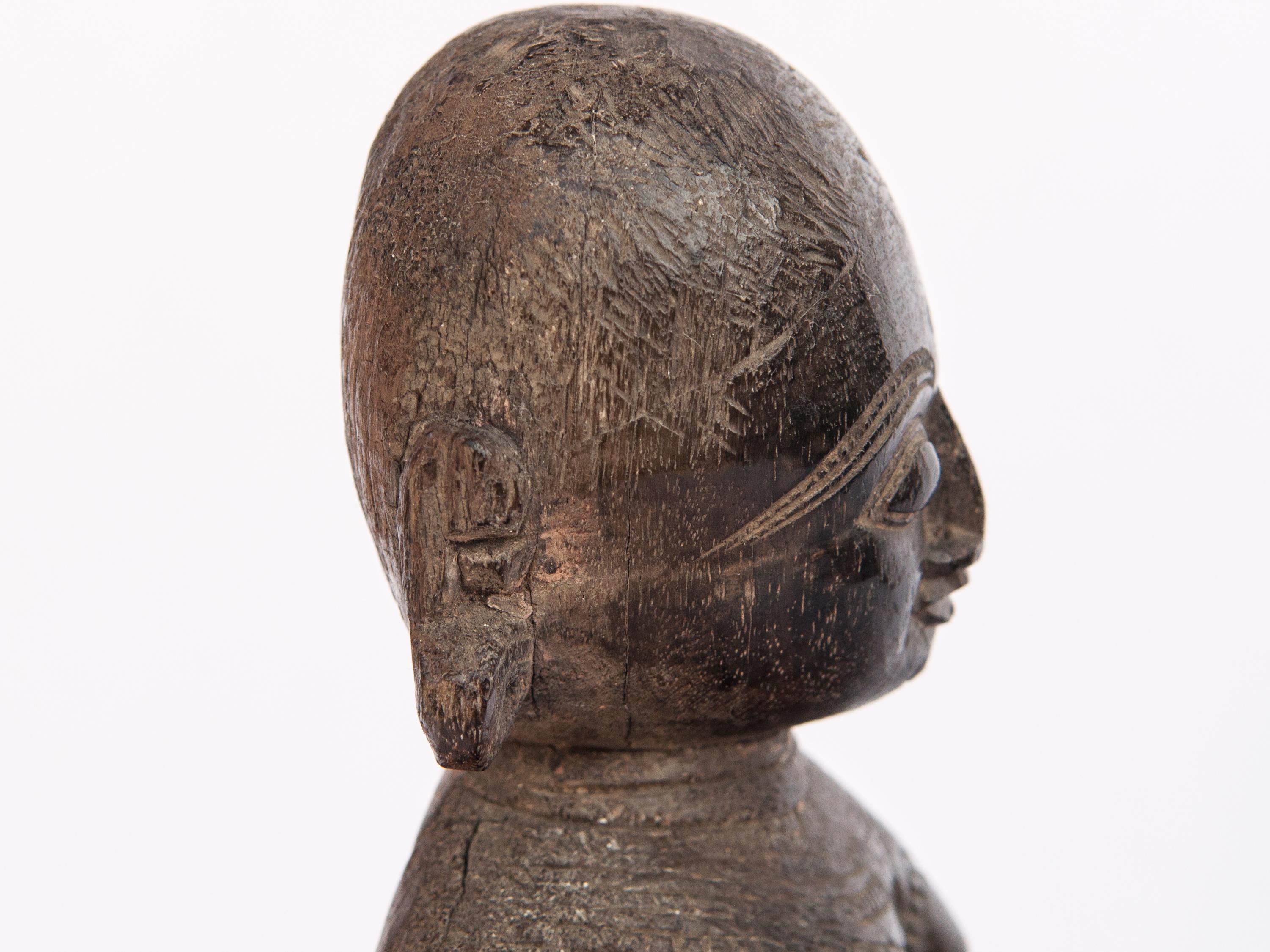 Hardwood Hand Carved Wooden Marapachi Doll from Tamil Nadu, Mid-20th Century, Metal Stand