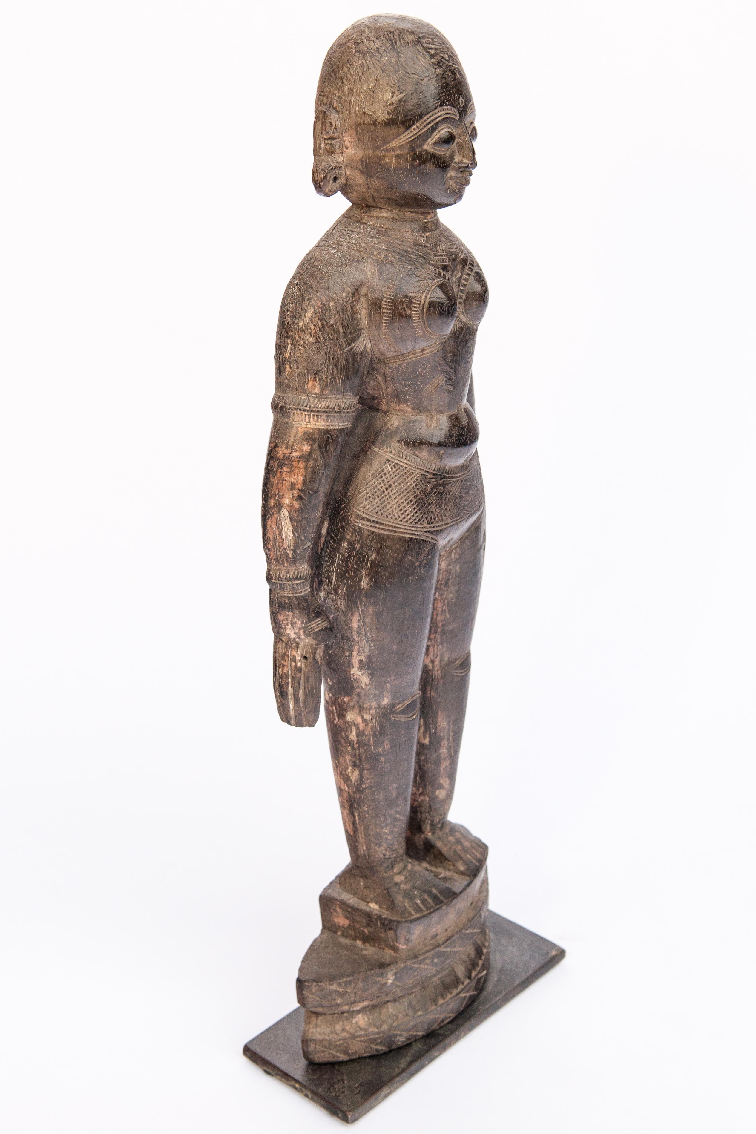 Hand Carved Wooden Marapachi Doll from Tamil Nadu, Mid-20th Century, Metal Stand 1
