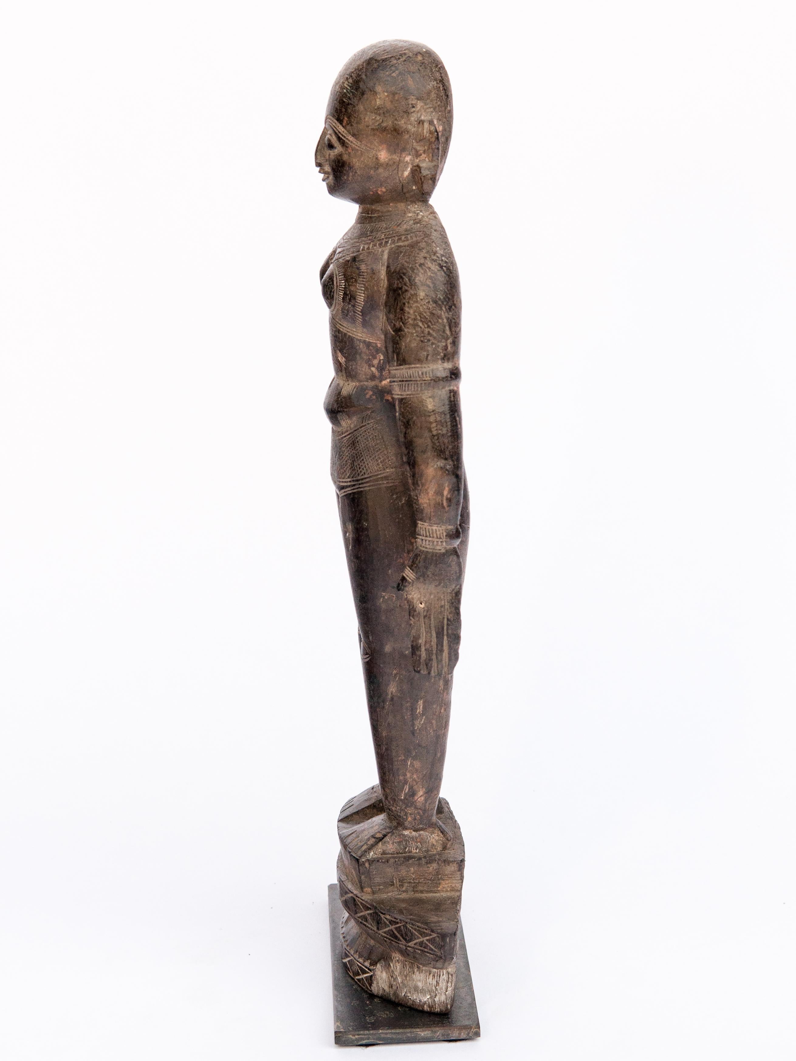 Tribal Hand Carved Wooden Marapachi Doll from Tamil Nadu, Mid-20th Century, Metal Stand