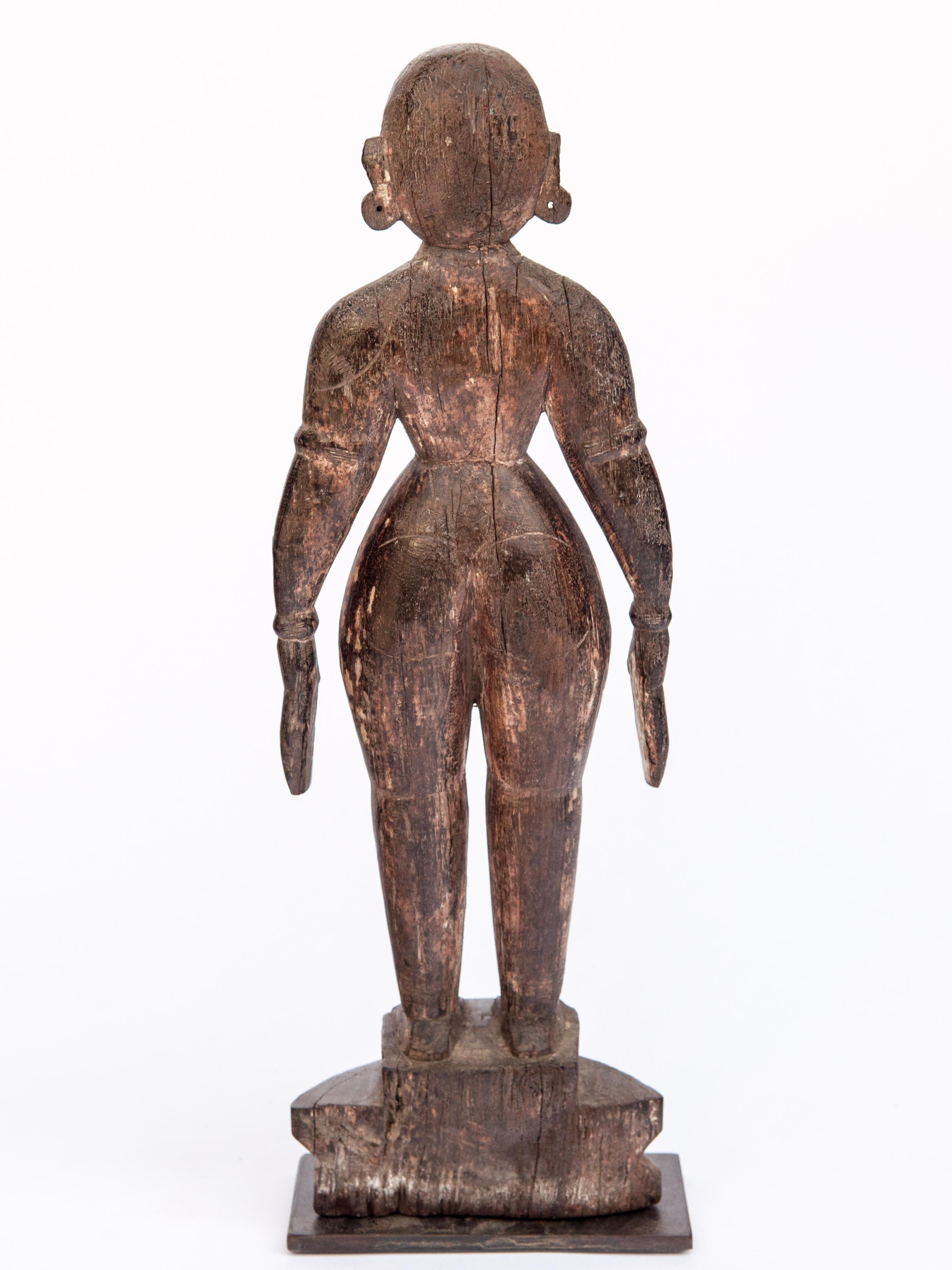 Indian Hand Carved Wooden Marapachi Doll from Tamil Nadu, Mid-20th Century, Metal Stand