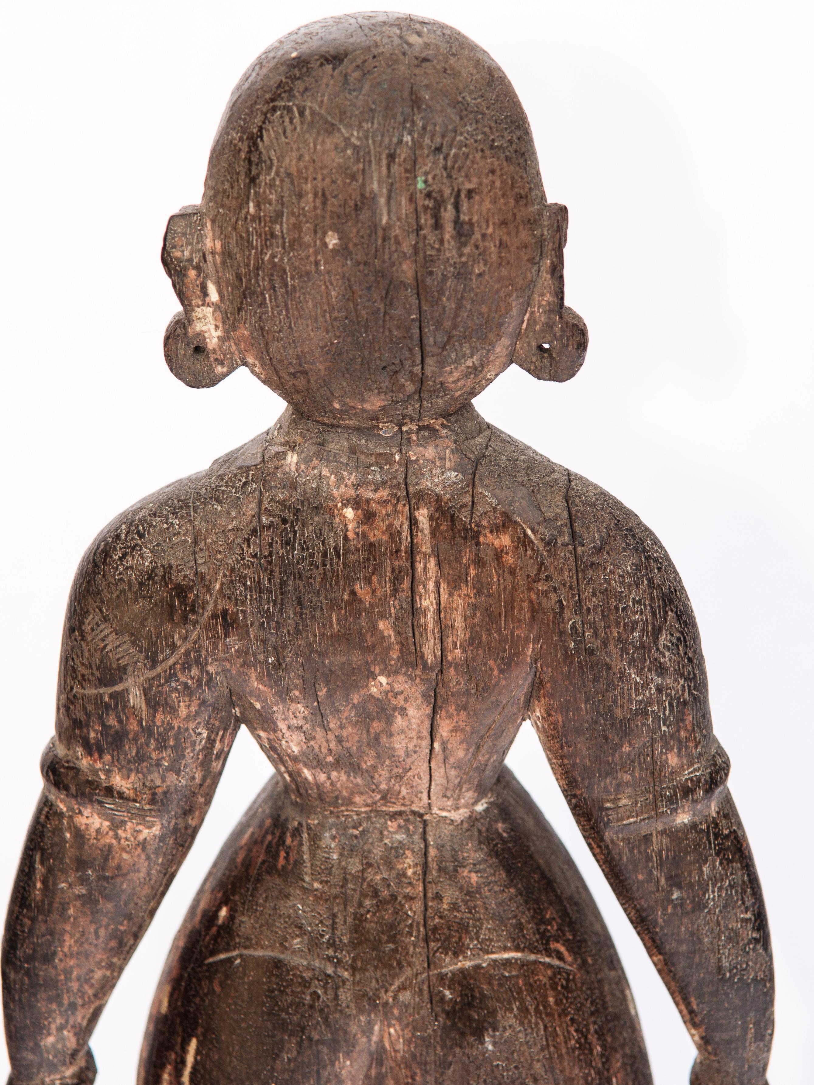 Hand-Carved Hand Carved Wooden Marapachi Doll from Tamil Nadu, Mid-20th Century, Metal Stand