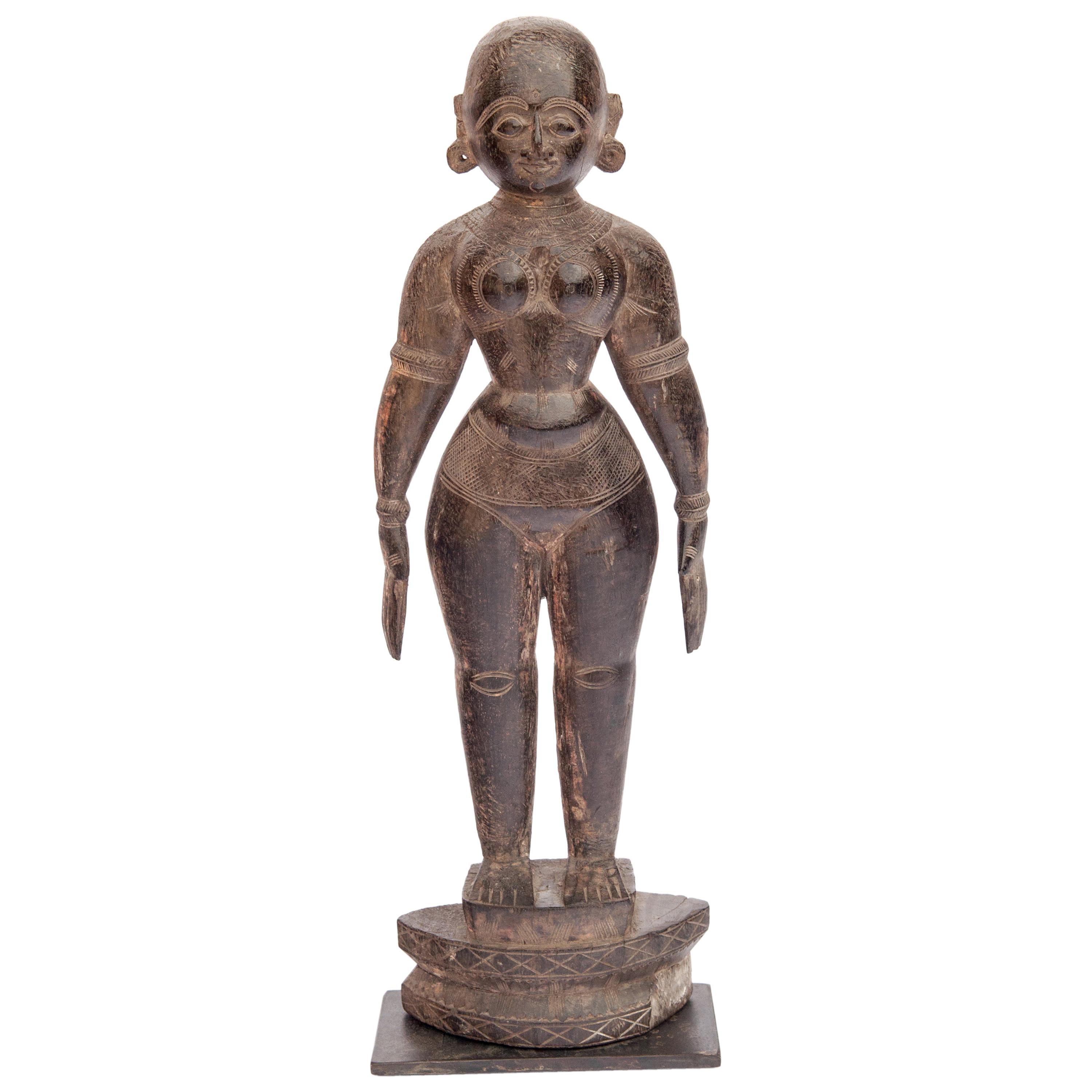Hand Carved Wooden Marapachi Doll from Tamil Nadu, Mid-20th Century, Metal Stand