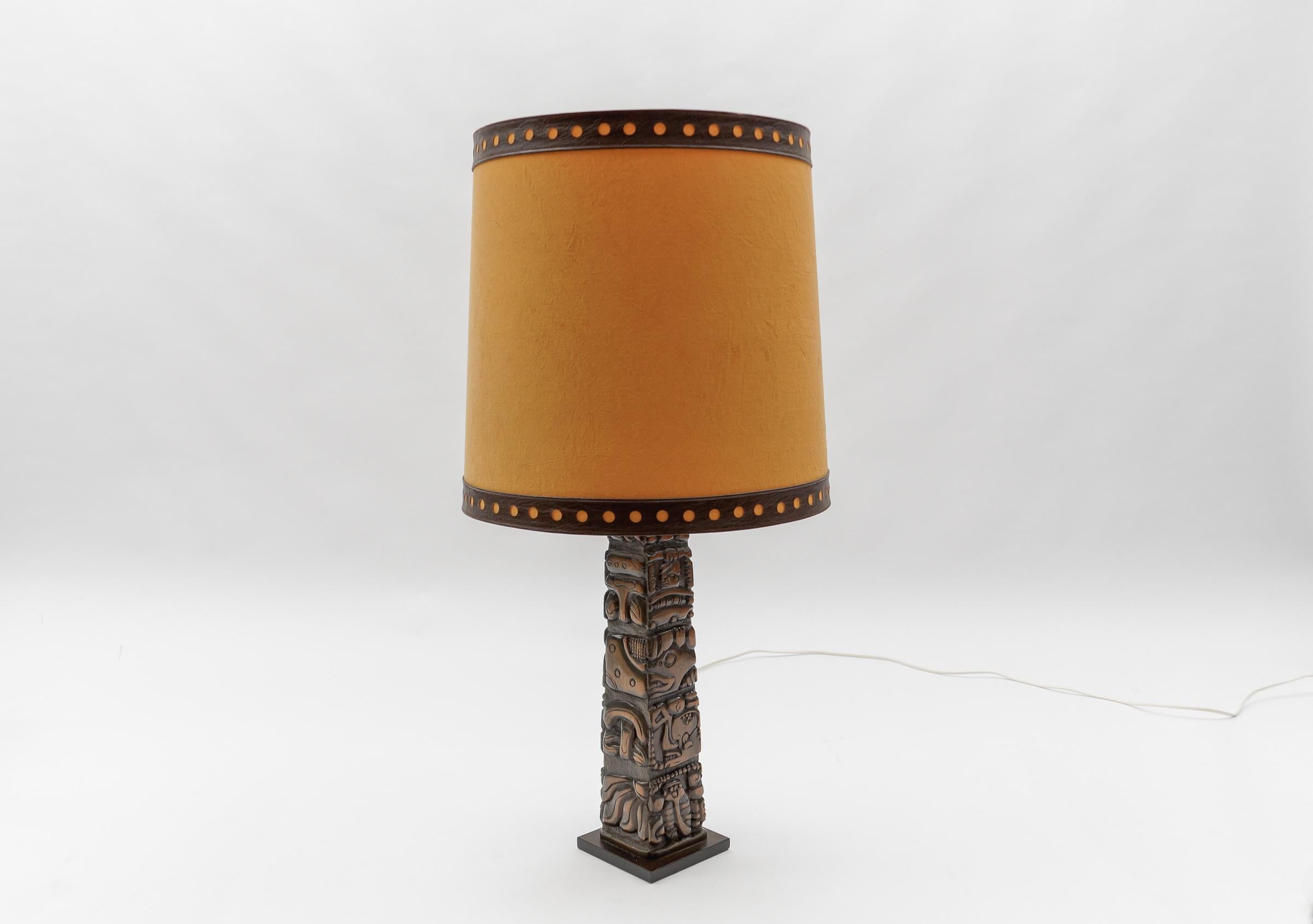 Hand-Carved Hand Carved Wooden Mayan Totem Table Lamp by Temde Honduras, Switzerland 1960s For Sale