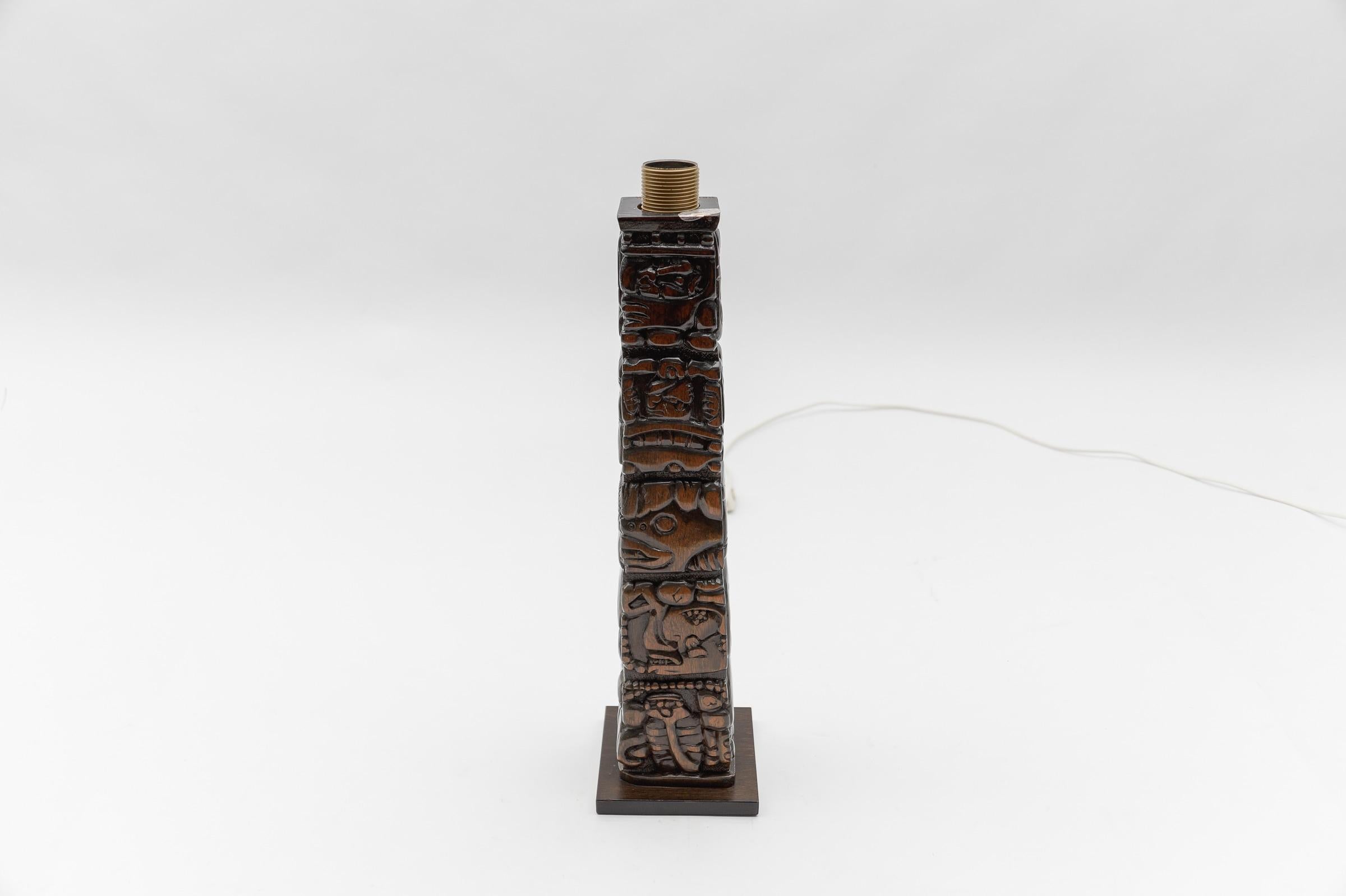 Hand Carved Wooden Mayan Totem Table Lamp by Temde Honduras, Switzerland 1960s For Sale 1