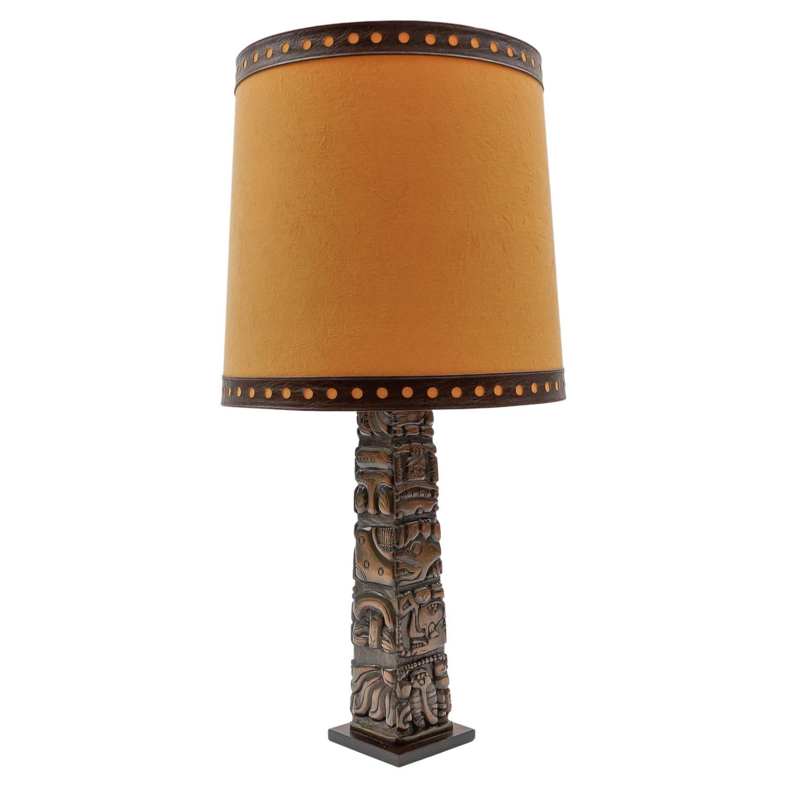 Hand Carved Wooden Mayan Totem Table Lamp by Temde Honduras, Switzerland 1960s For Sale