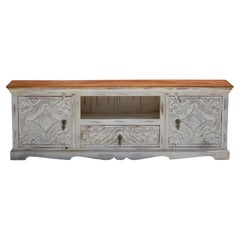 Hand-Carved Wooden Media Console – Distressed White TV Unit by House of Jaipur