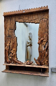 Hand-Carved Wooden Mirror with Ocean Motifs and Integrated Lighting