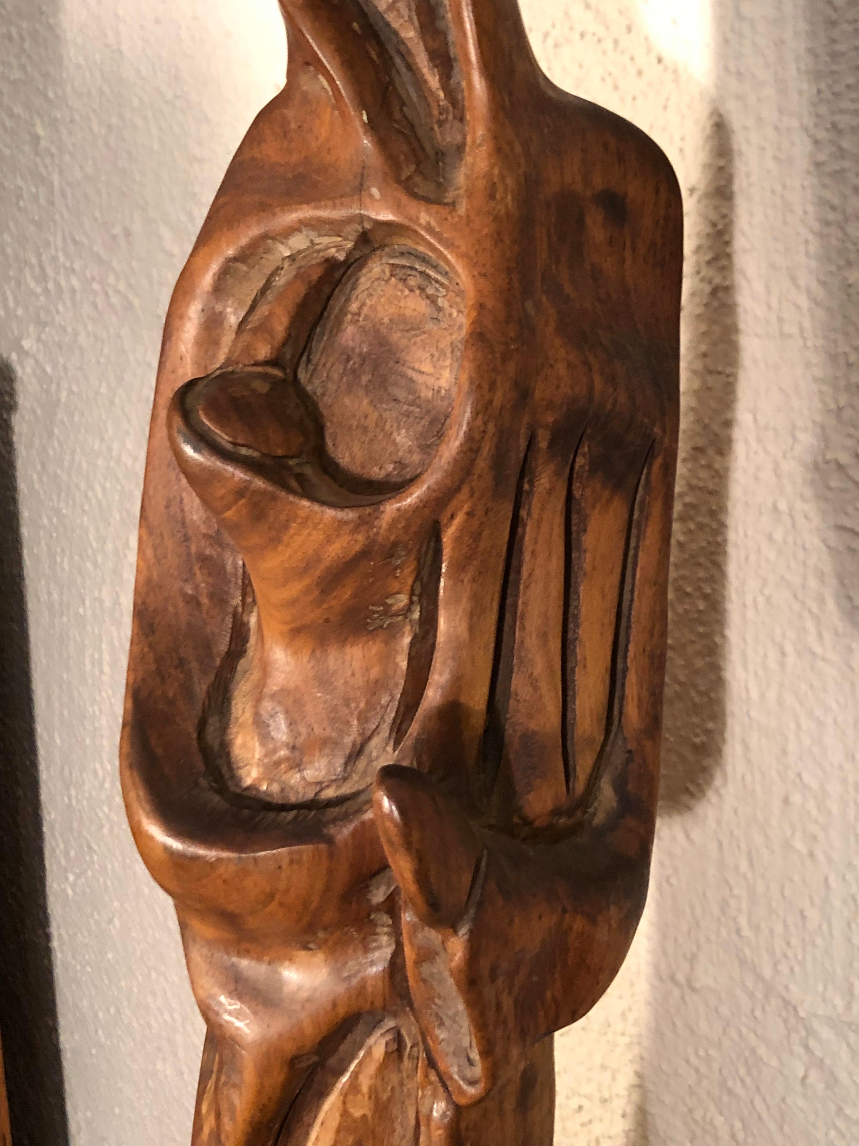 Walnut Hand Carved Wooden Mother and Child Statue For Sale