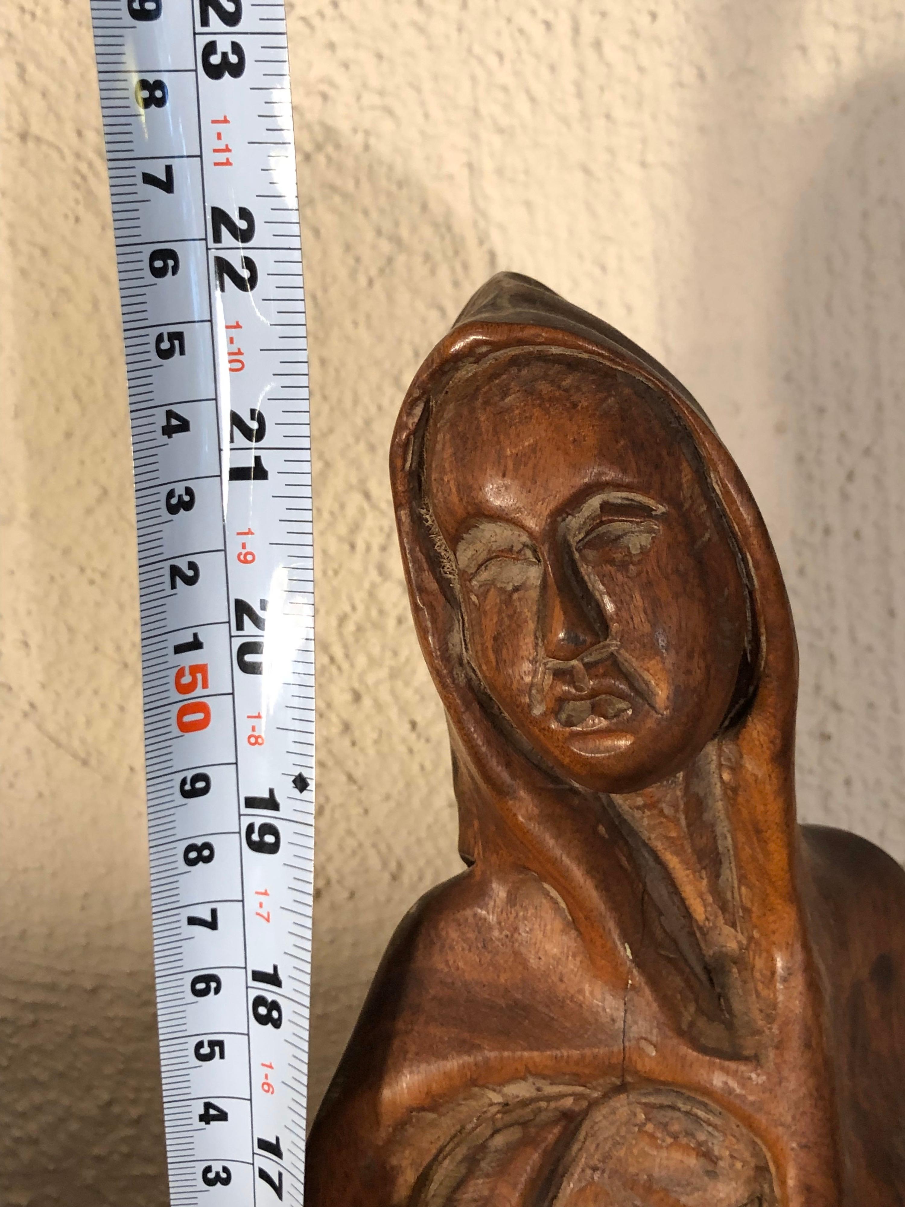 Hand Carved Wooden Mother and Child Statue For Sale 4