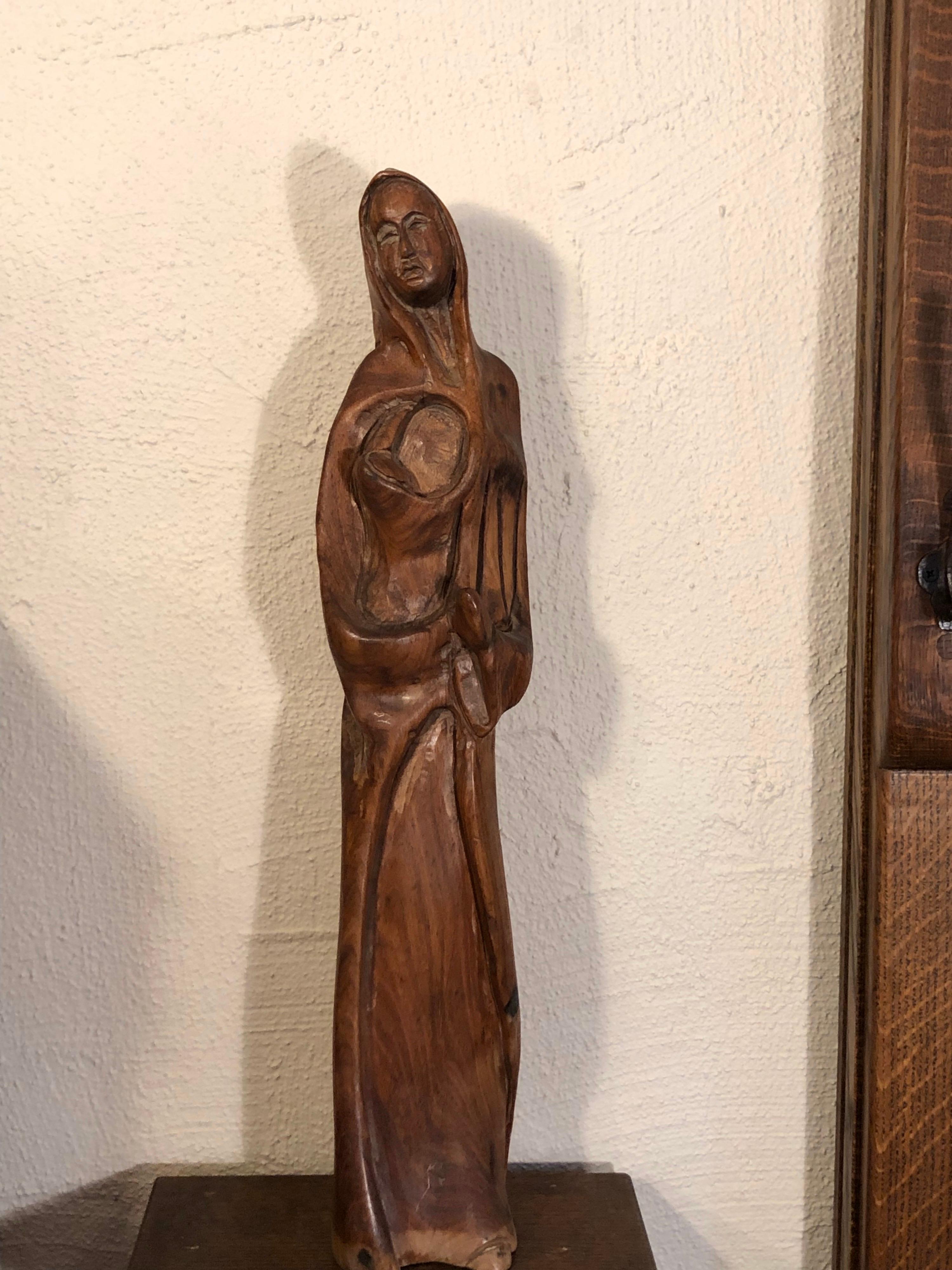 Hand Carved Wooden Mother and Child Statue For Sale 5