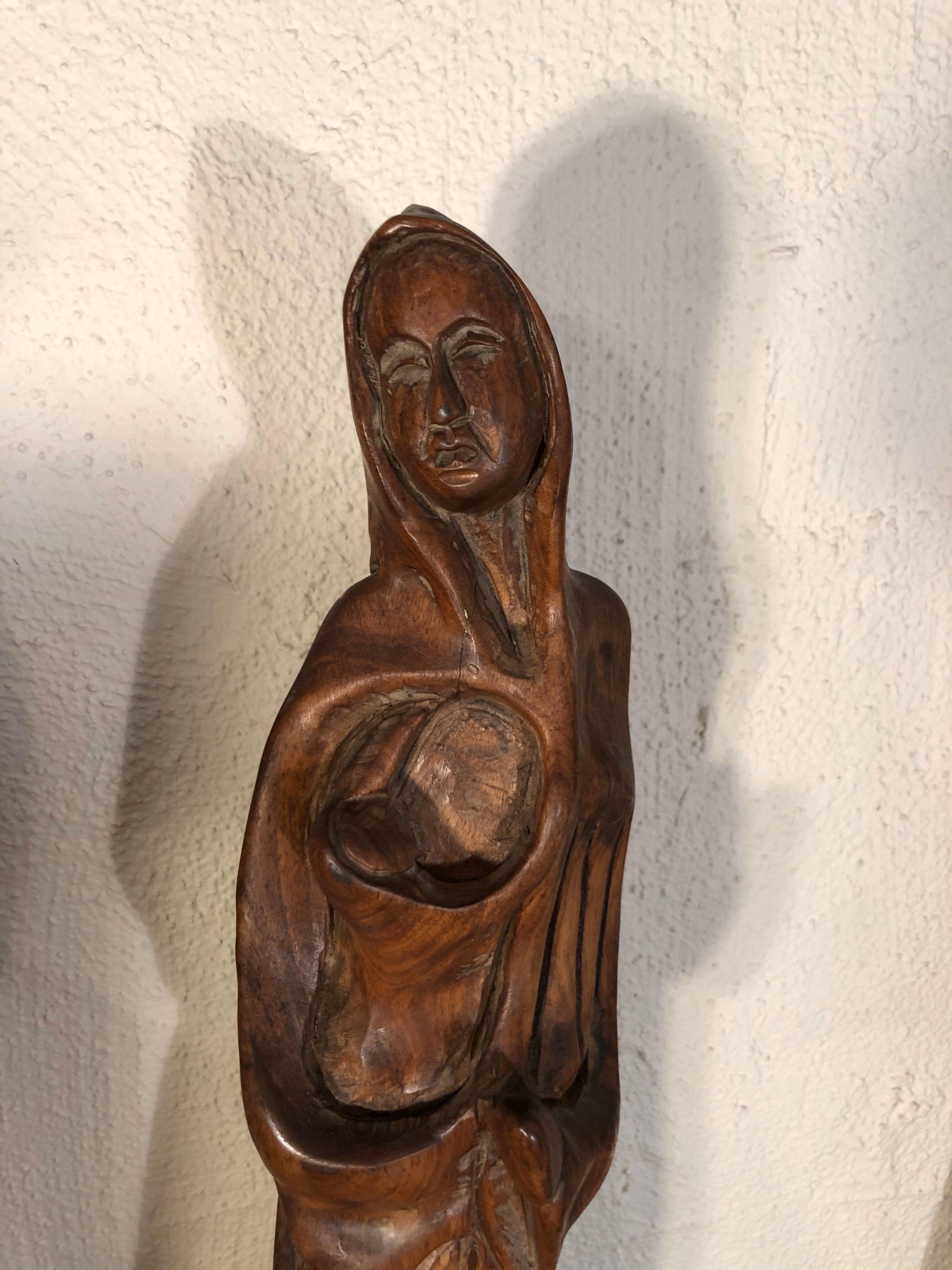 Mid-Century Modern Hand Carved Wooden Mother and Child Statue For Sale
