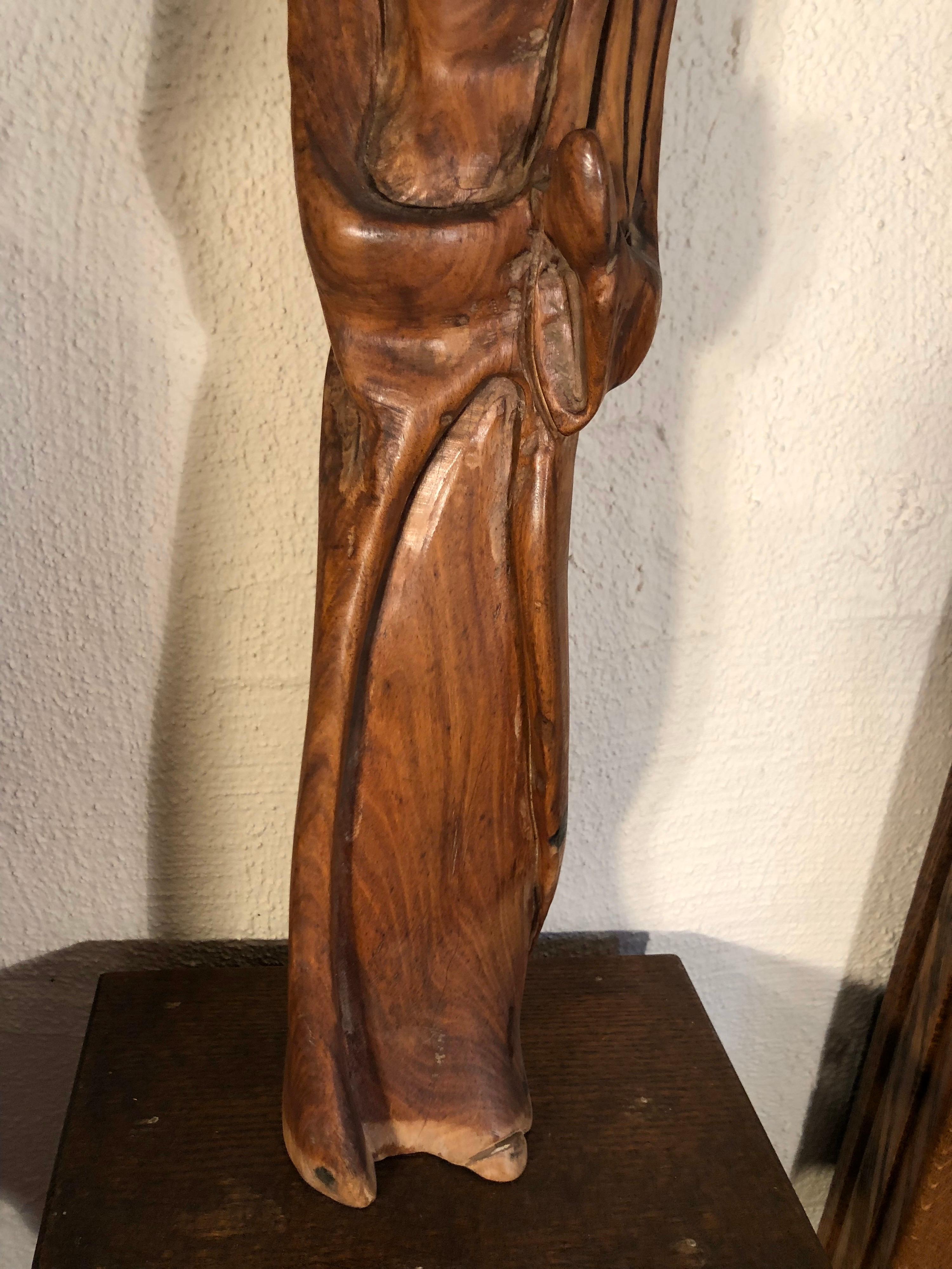 Hand-Carved Hand Carved Wooden Mother and Child Statue For Sale
