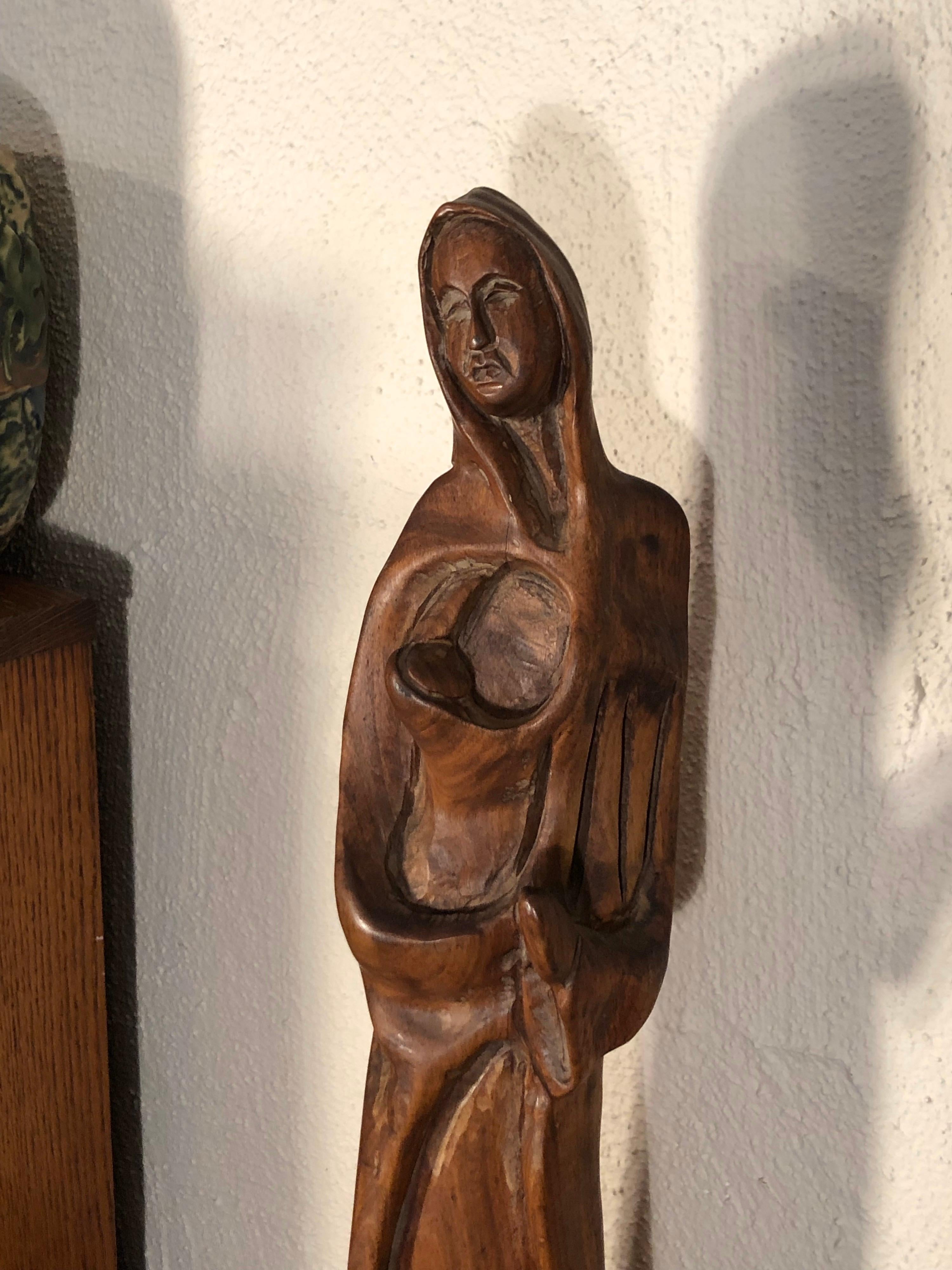 Hand Carved Wooden Mother and Child Statue In Good Condition For Sale In Redding, CT