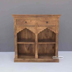 Hand-Carved Wooden Open Shelf Cabinet with Arched Detailing by House of Jaipur