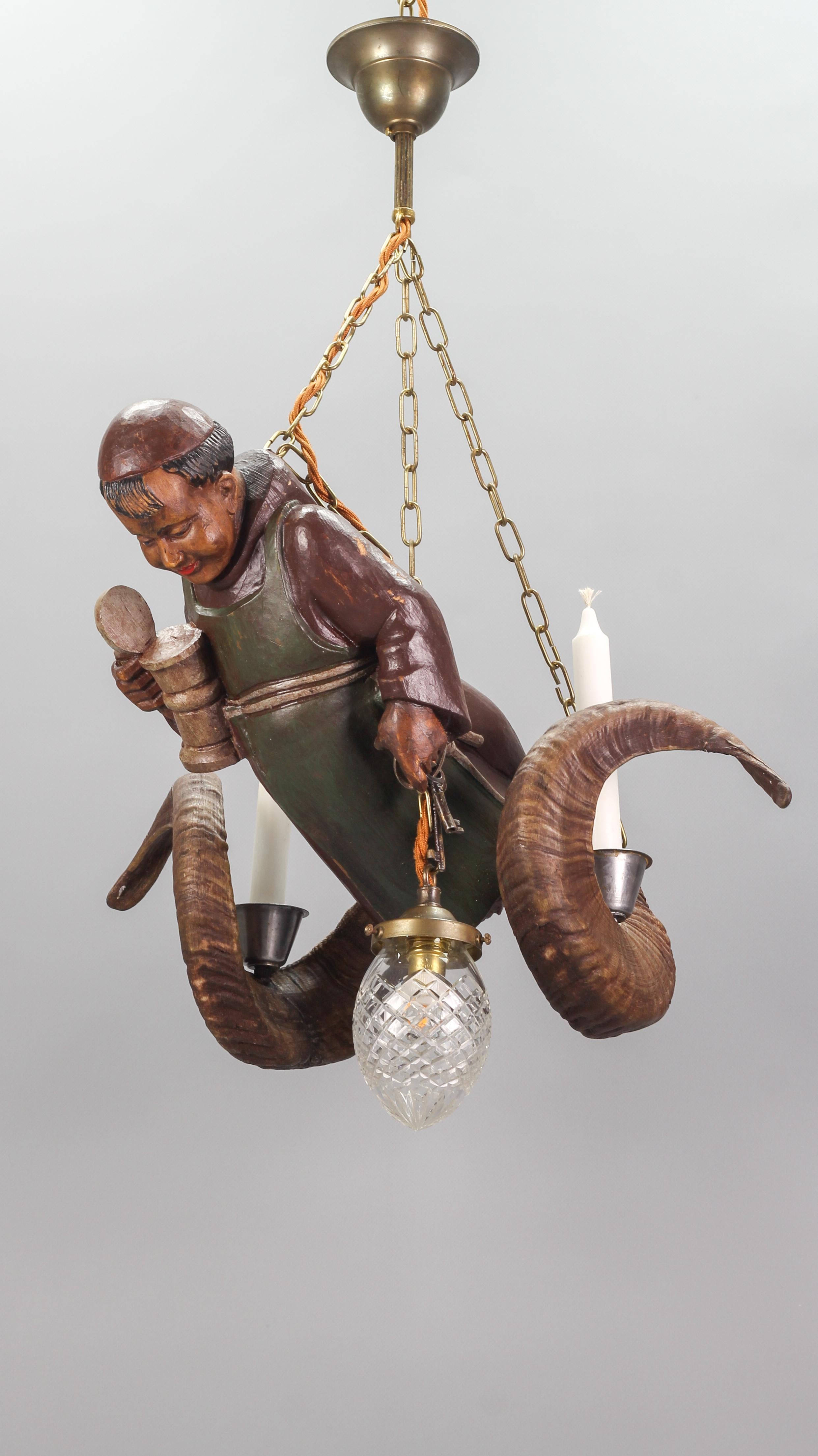 Metal Hand-Carved Wooden Pendant Light Lustermandl with Cellar Master Figure, ca. 1920