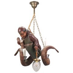 Hand-Carved Wooden Pendant Light Lustermandl with Cellar Master Figure, ca. 1920