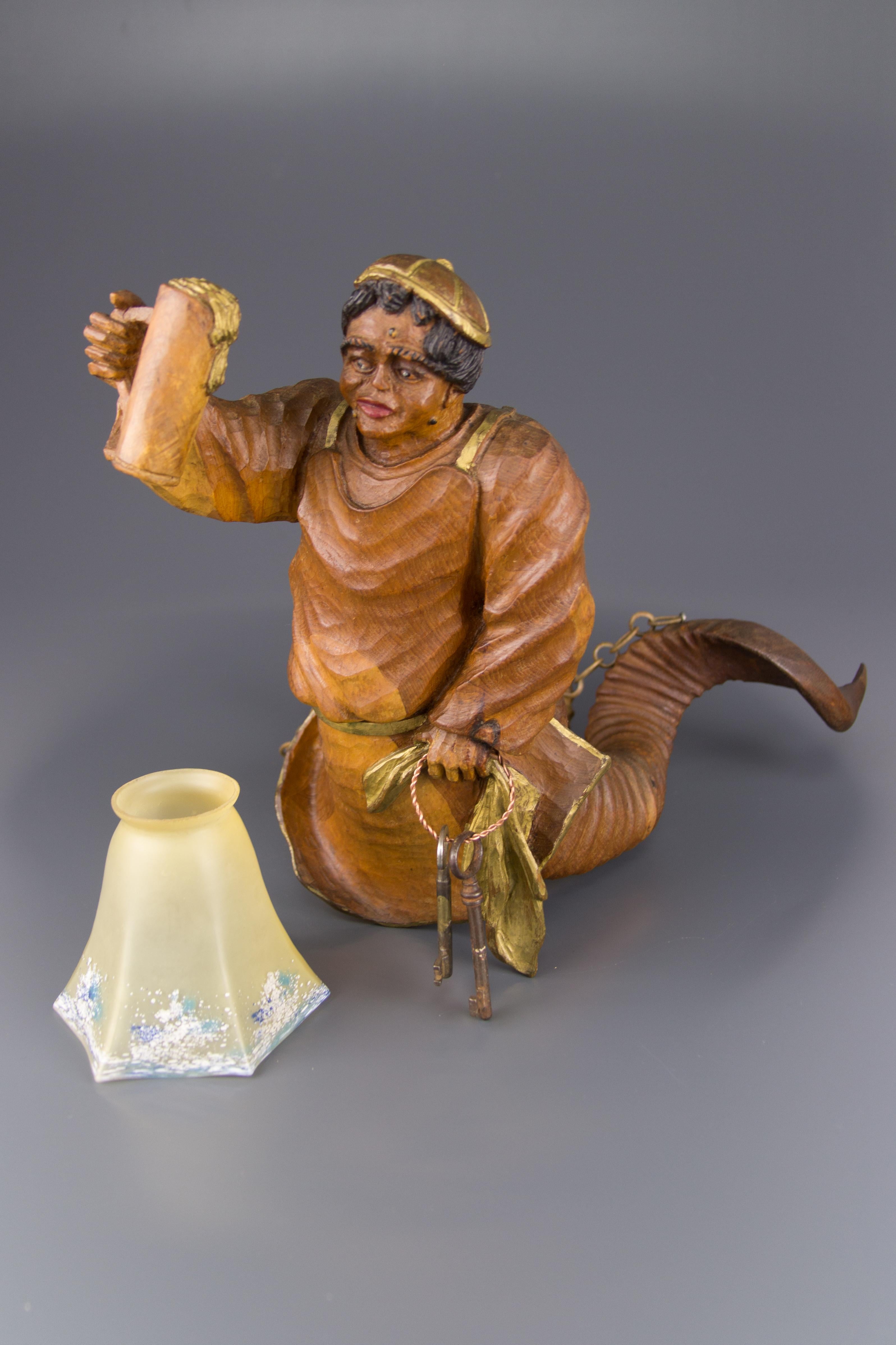 Hand Carved Wooden Pendant Light Lustermannchen with Cellar Master Figure, 1920s 10