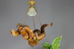 Hand Carved Wooden Pendant Light Lustermannchen with Cellar Master Figure, 1920s