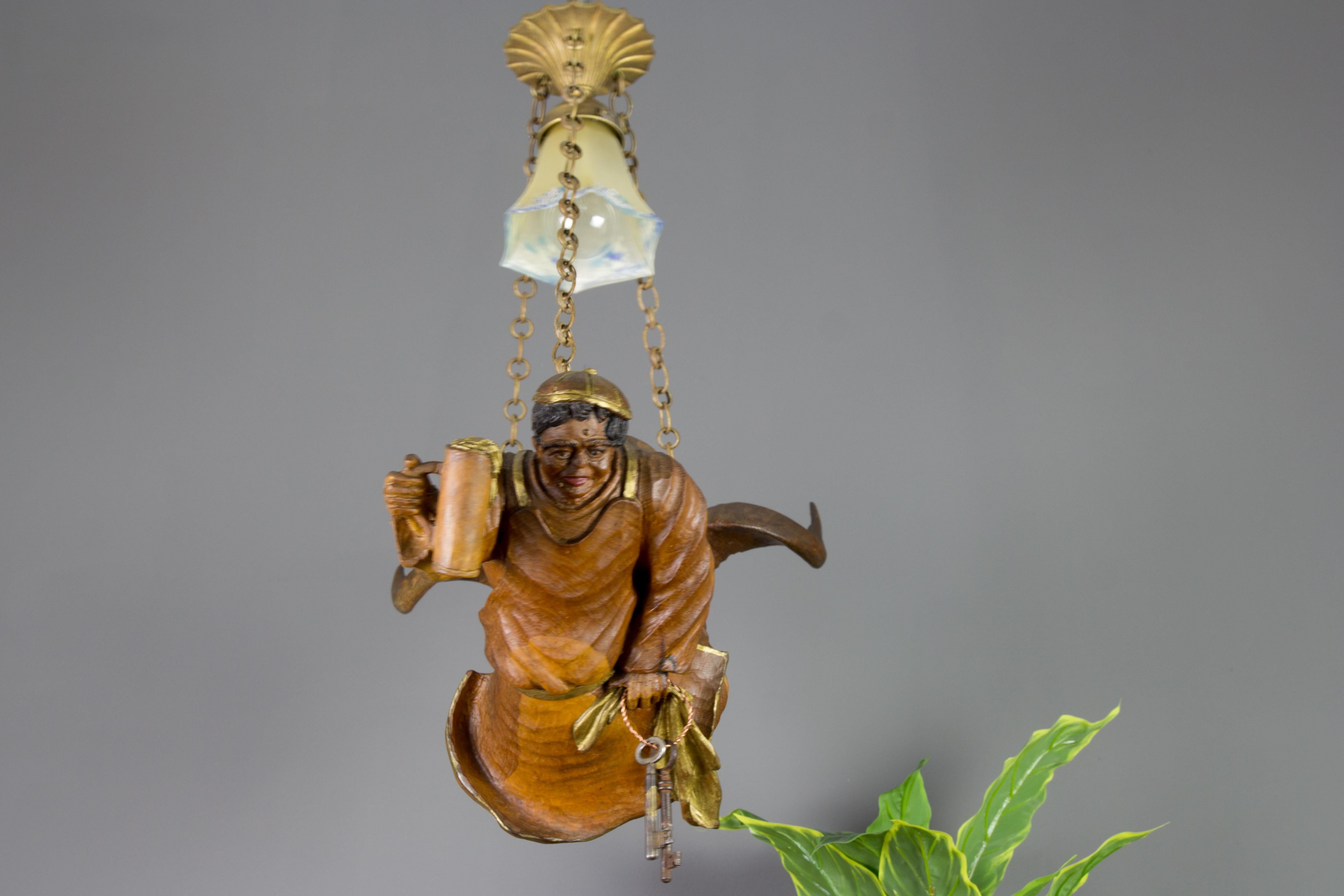 Black Forest Hand Carved Wooden Pendant Light Lustermannchen with Cellar Master Figure, 1920s