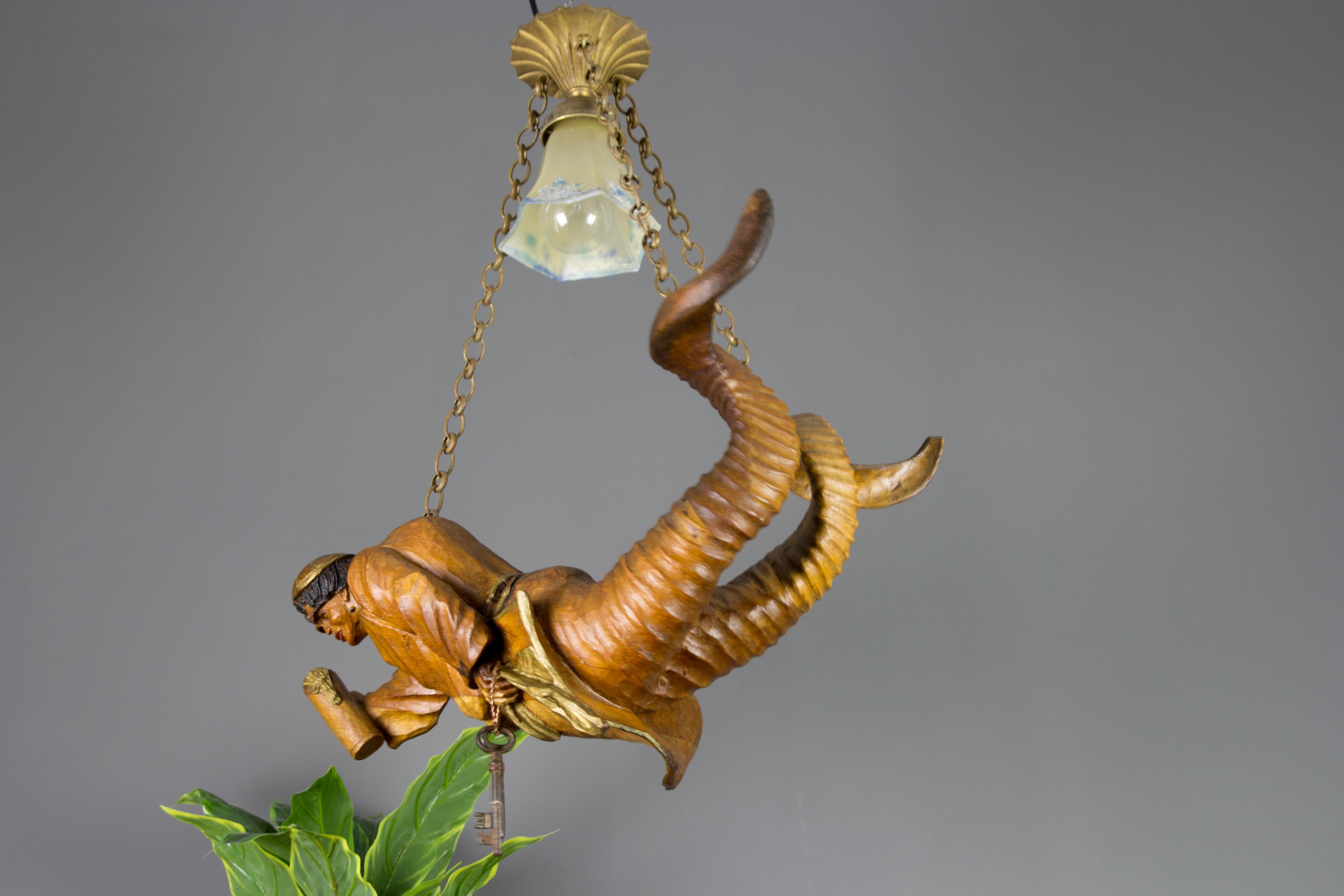 Hand Carved Wooden Pendant Light Lustermannchen with Cellar Master Figure, 1920s 2