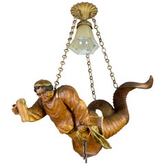 Antique Hand Carved Wooden Pendant Light Lustermannchen with Cellar Master Figure, 1920s