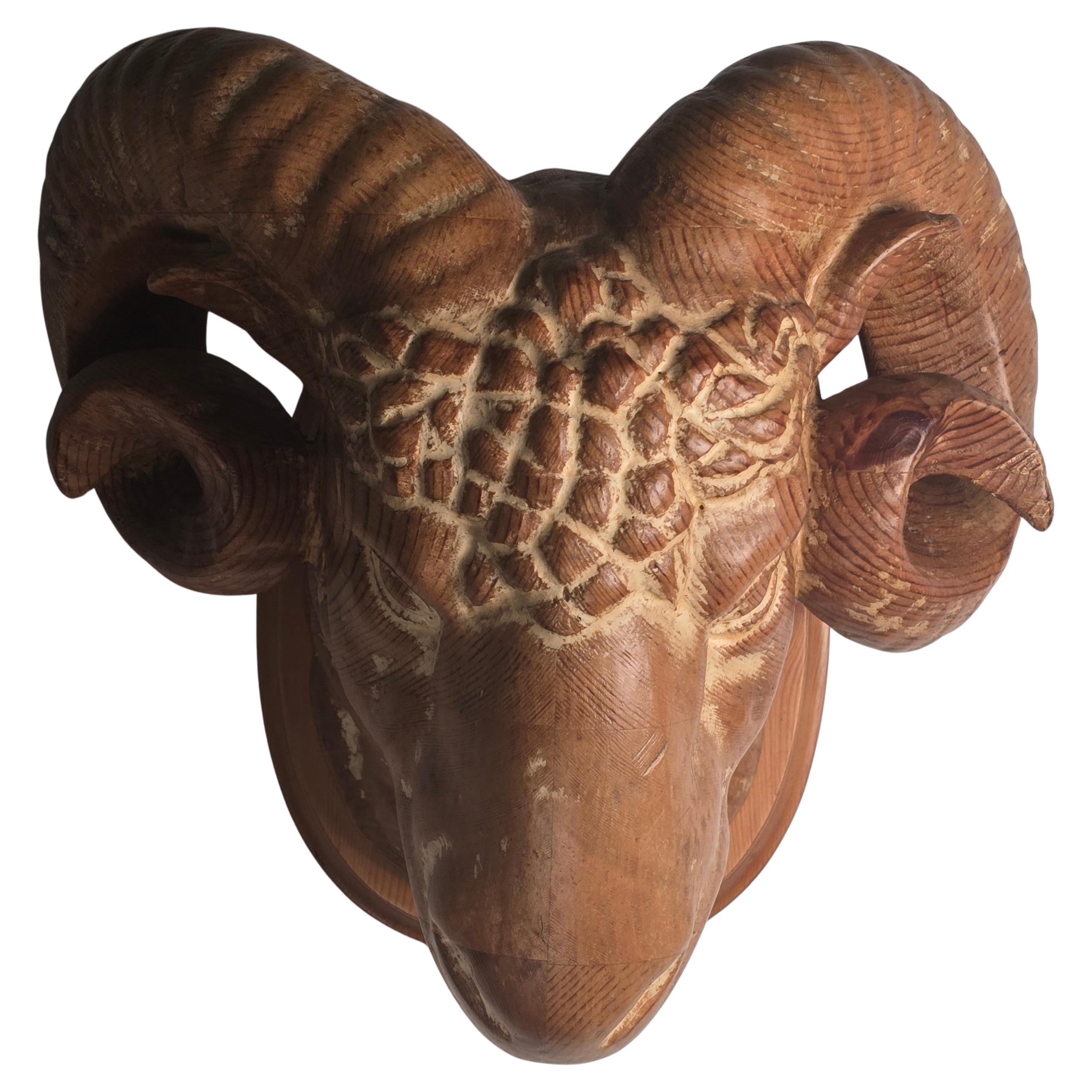 Hand-Carved Wooden Ram Head Wall Mount by Sarreid, Spain, 1970s