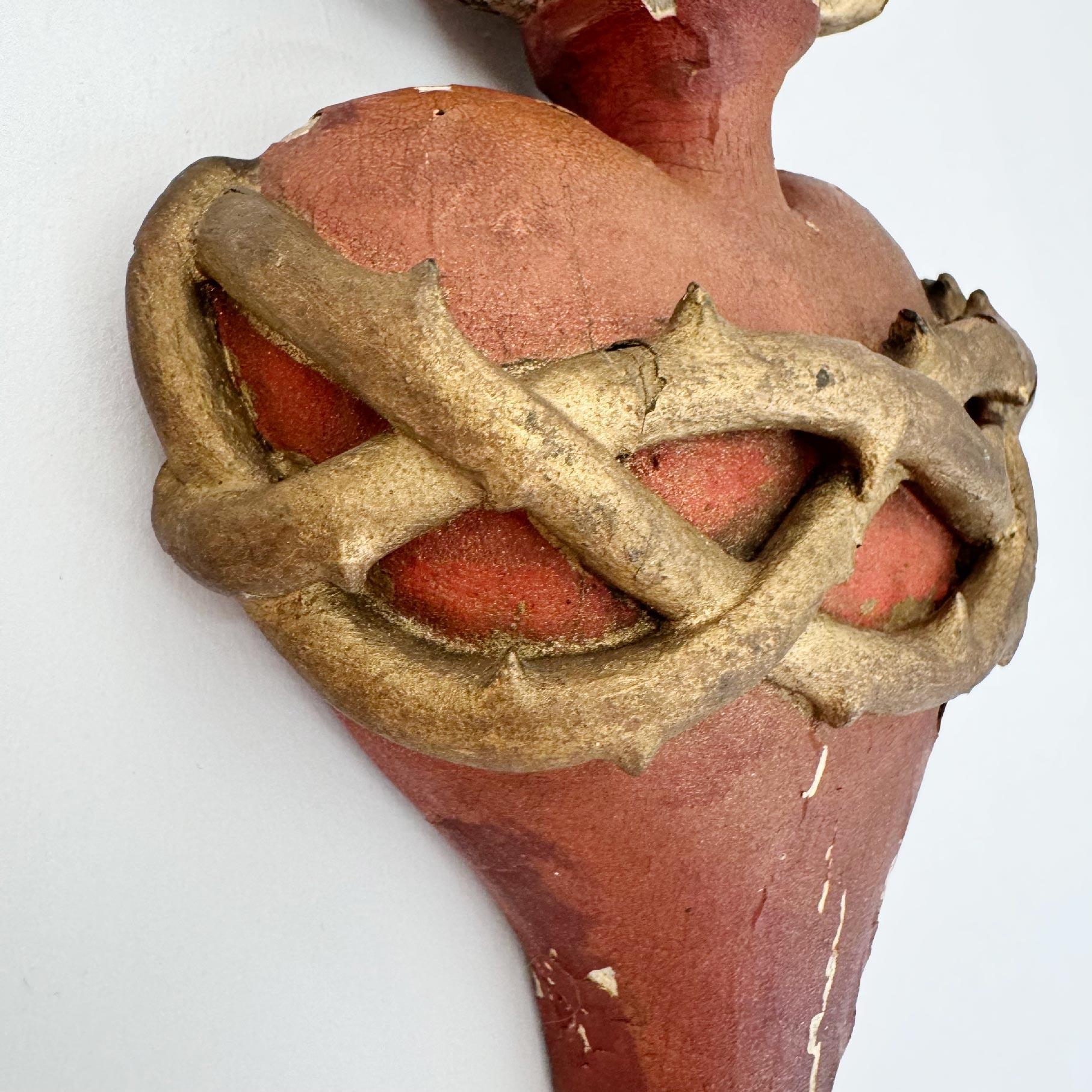 Hand Carved Wooden Sacred Heart With Red And Gilt Over Gesso 1889 For Sale 4