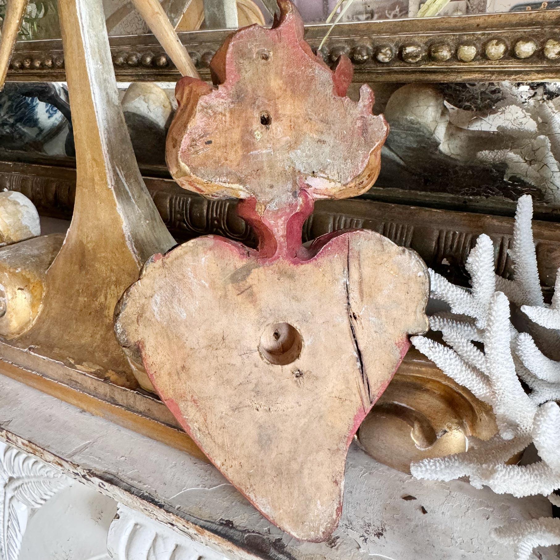 Hand Carved Wooden Sacred Heart With Red And Gilt Over Gesso 1889 For Sale 5
