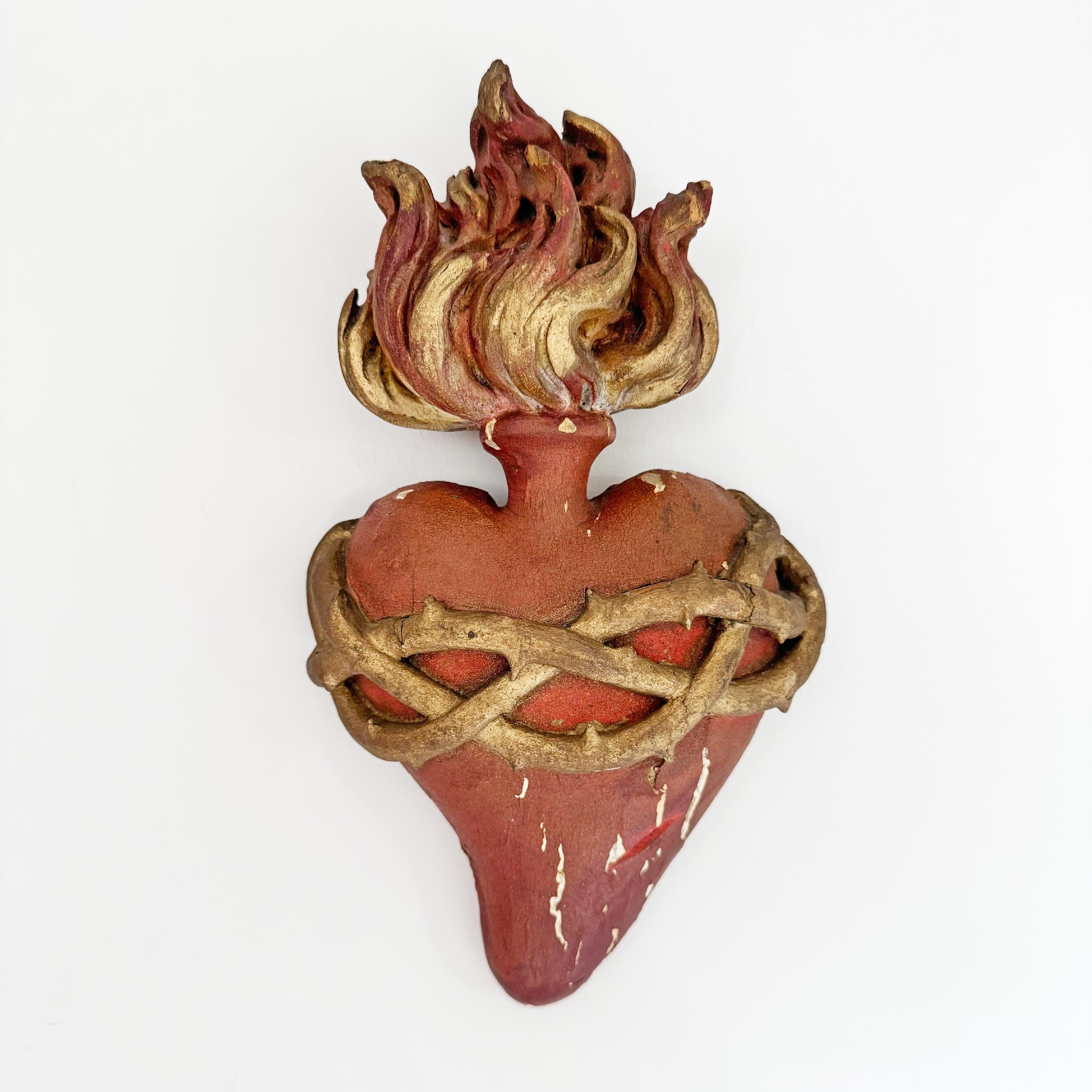 Rococo Revival Hand Carved Wooden Sacred Heart With Red And Gilt Over Gesso 1889 For Sale