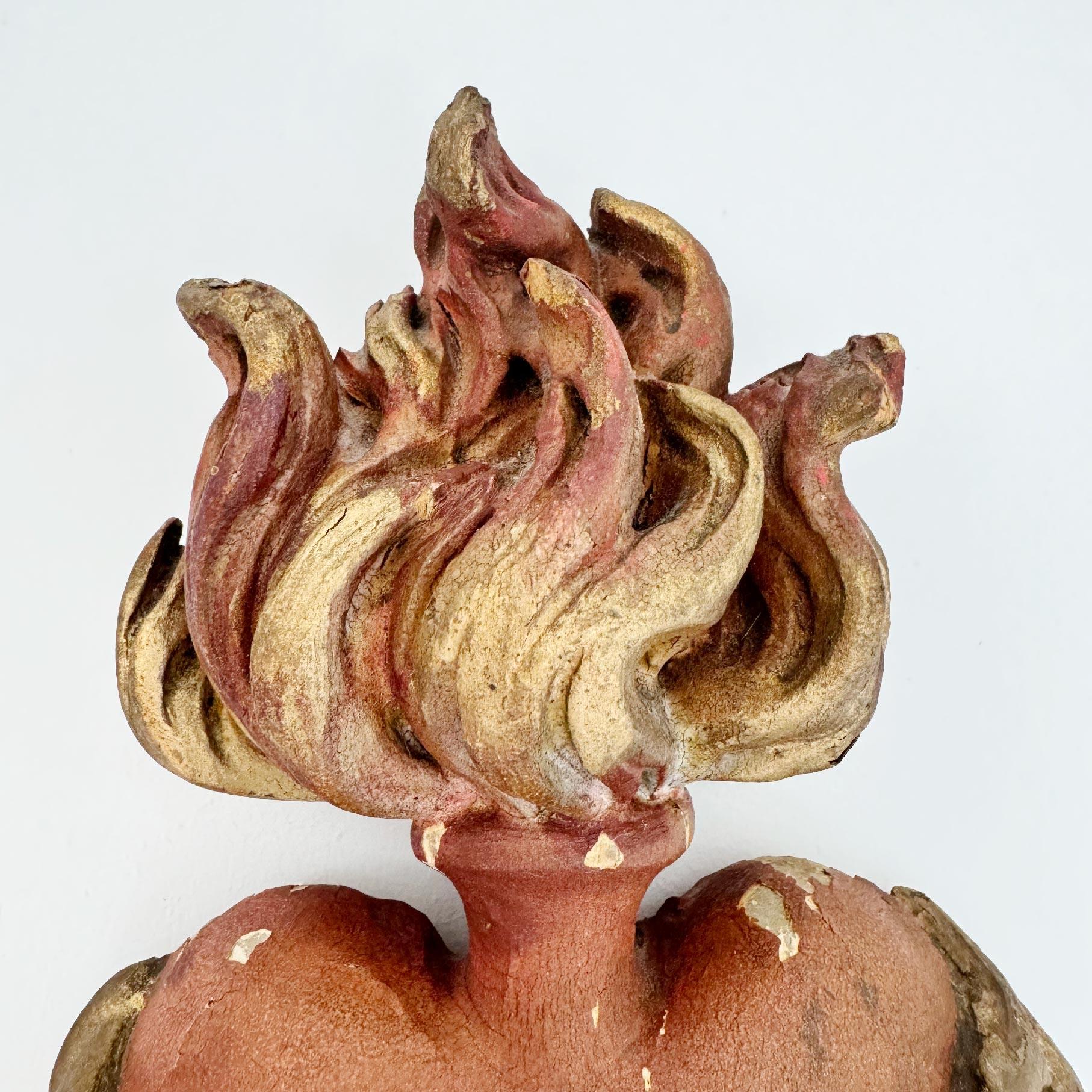 German Hand Carved Wooden Sacred Heart With Red And Gilt Over Gesso 1889 For Sale