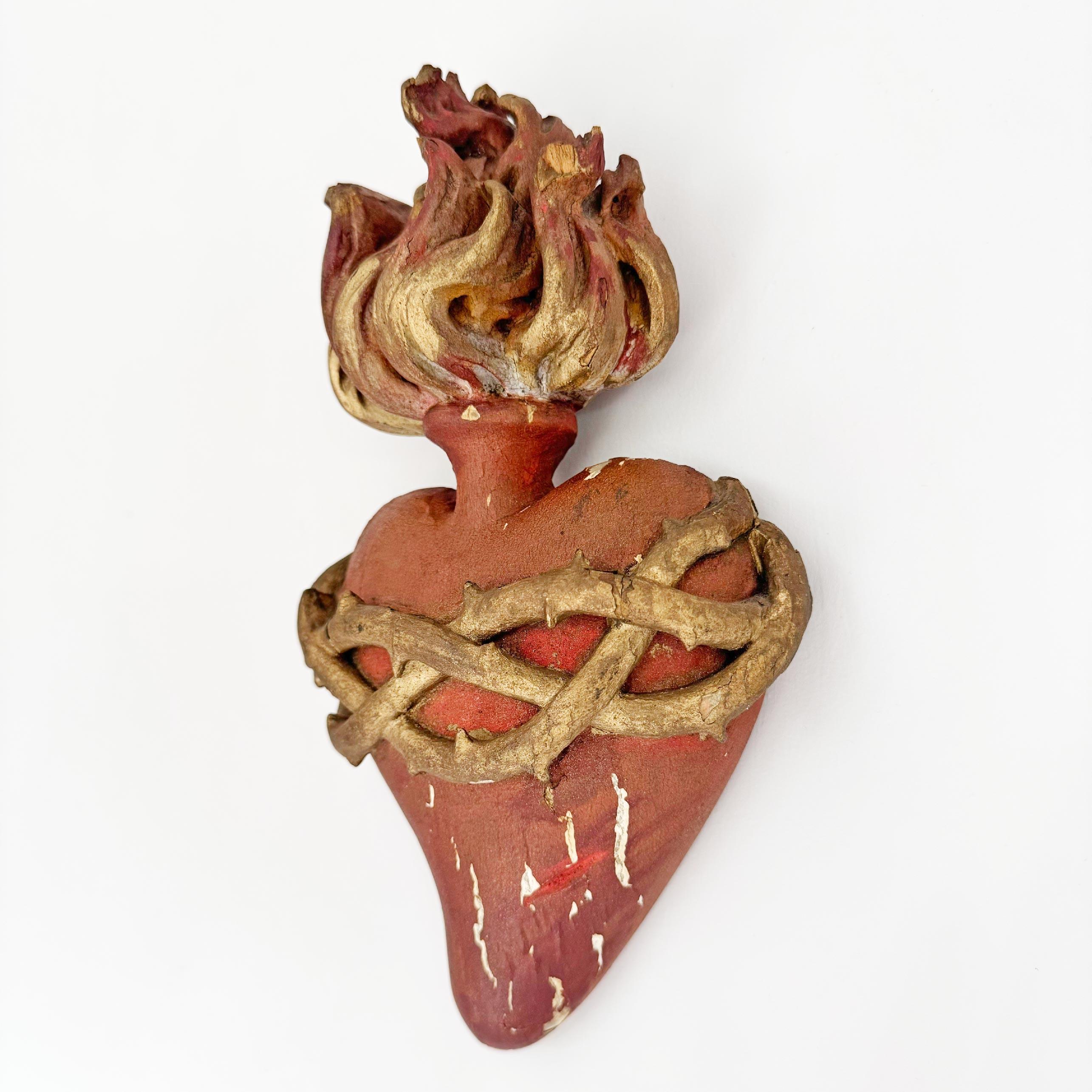 Hand Carved Wooden Sacred Heart With Red And Gilt Over Gesso 1889 In Good Condition For Sale In Hastings, GB