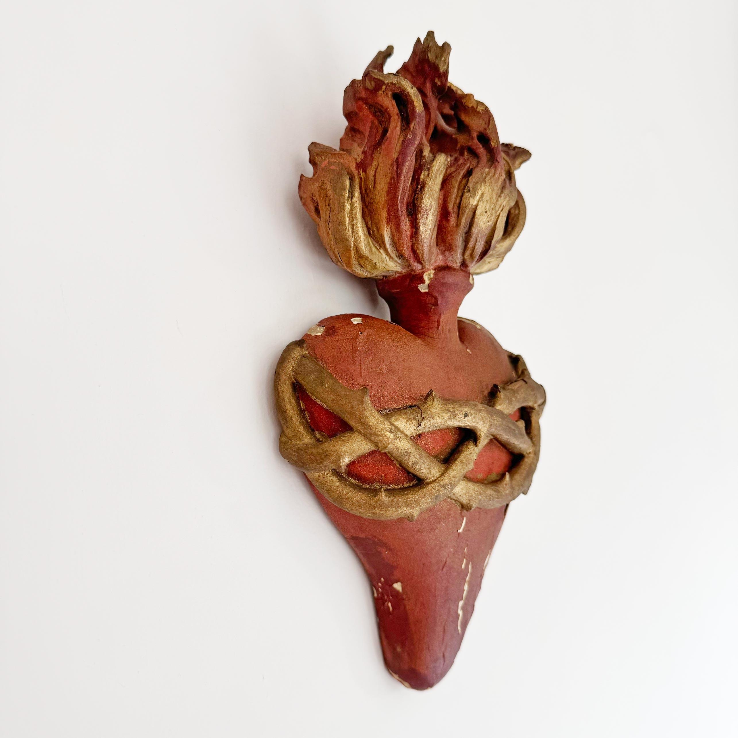 Hand Carved Wooden Sacred Heart With Red And Gilt Over Gesso 1889 For Sale 1