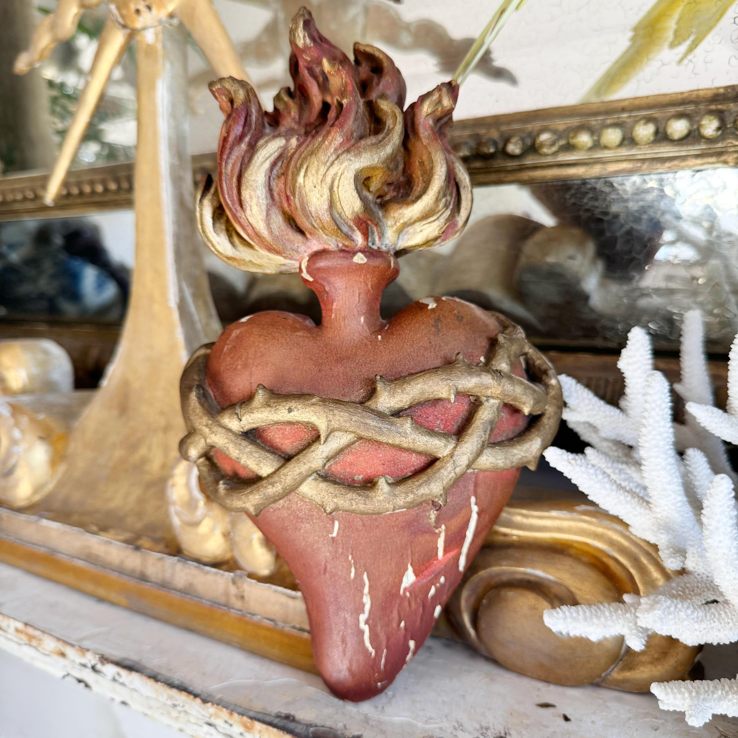 Hand Carved Wooden Sacred Heart With Red And Gilt Over Gesso 1889 For Sale 2