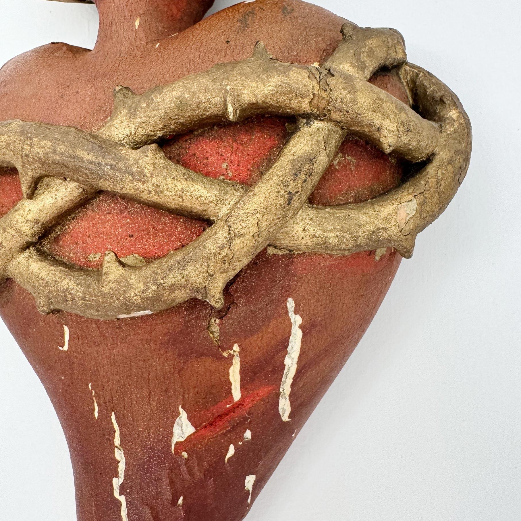 Hand Carved Wooden Sacred Heart With Red And Gilt Over Gesso 1889 For Sale 3