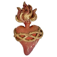 Hand Carved Wooden Sacred Heart With Red And Gilt Over Gesso 1889